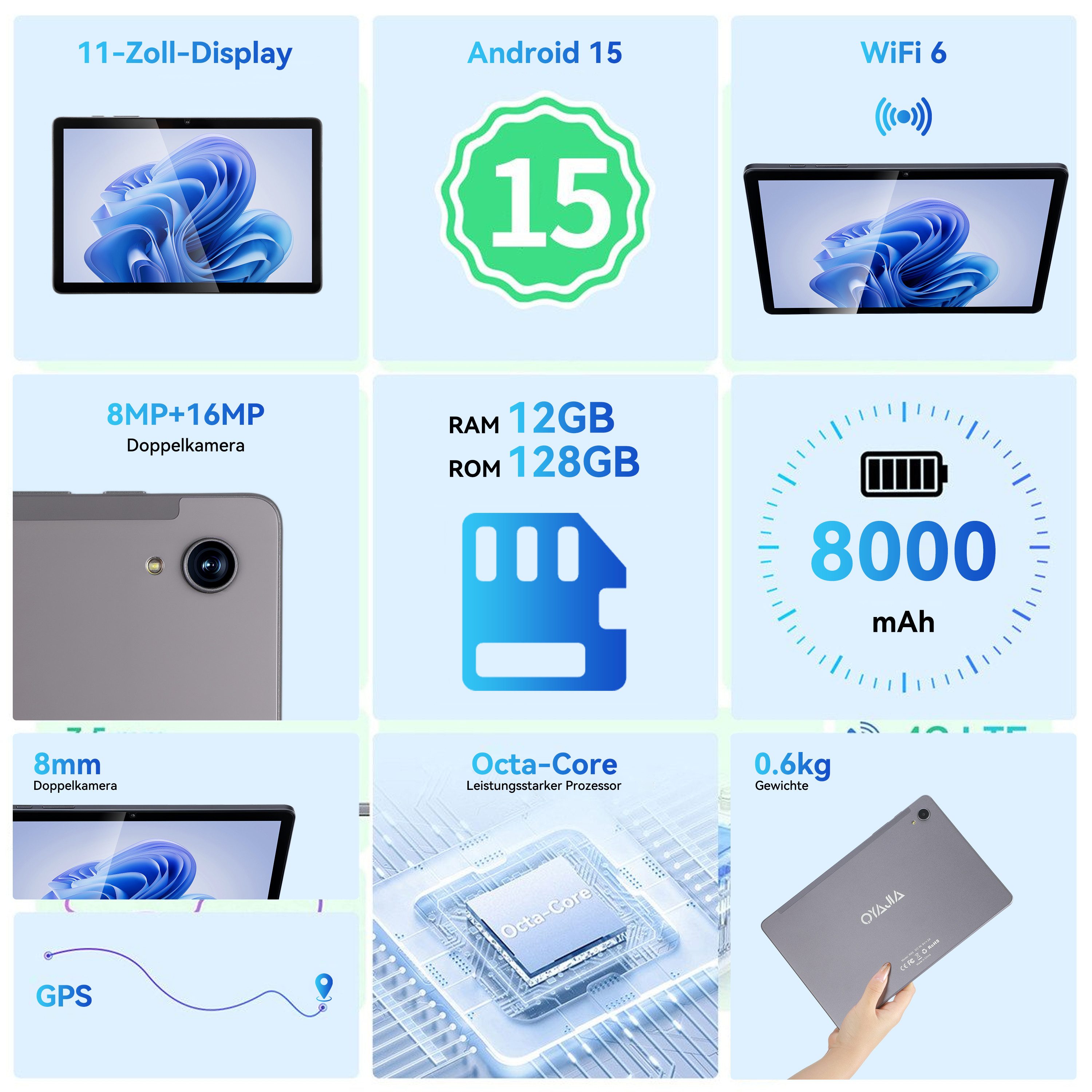 oyajia R95 11 Zoll Android 15 Octa-Core-Prozessor (12+128)GB 8000mAh 16MP+8MP Tablet (11", 128 GB, Android 15, 2G (GSM), 3G (WCDMA), 4G (LTE), WIFI5, GPS SIM-Kartenslot, Gesichtserkennung, Ledertasche für Tastatur)