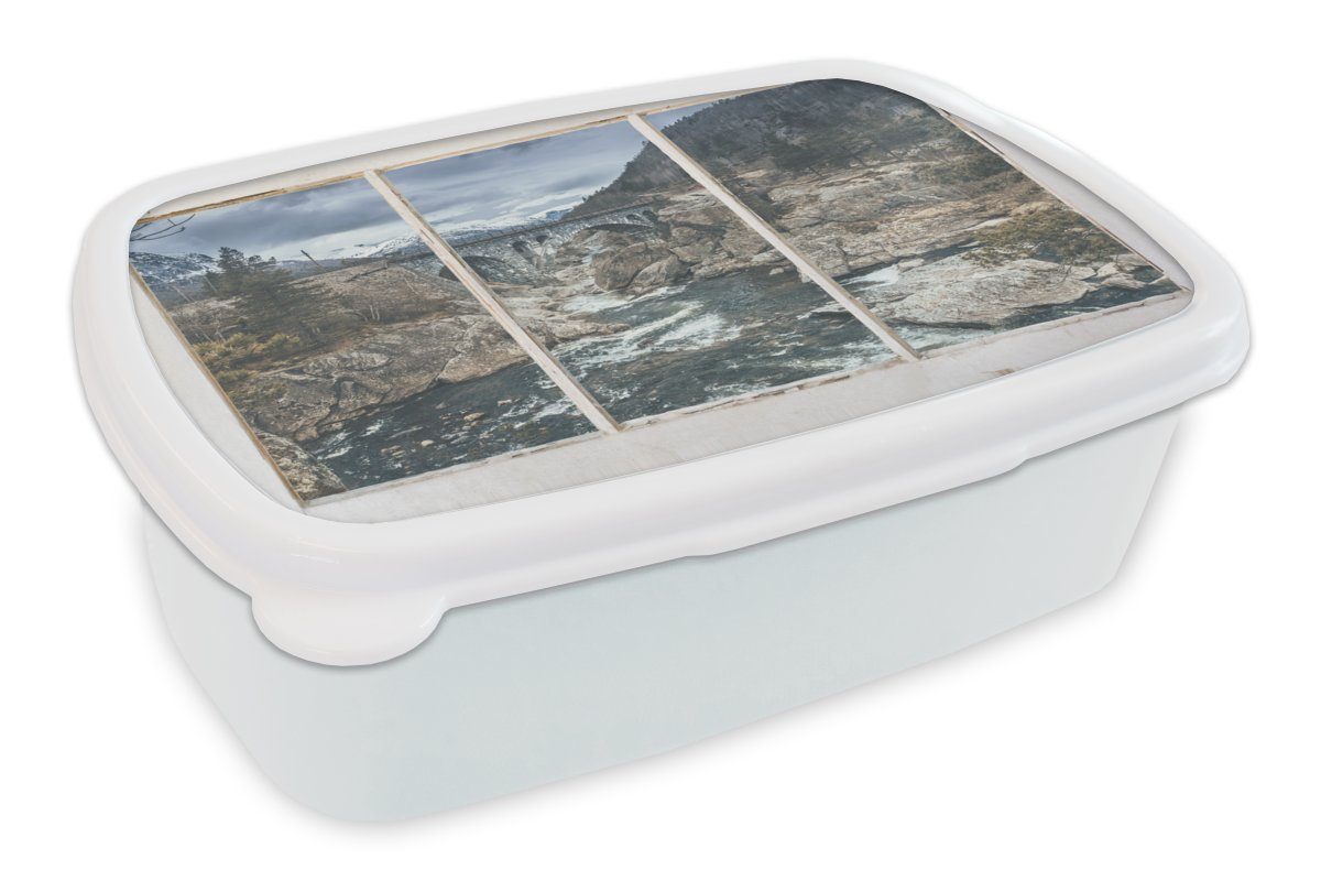 MuchoWow Lunchbox Aussicht - Brücke - Wasser, Kunststoff, (2-tlg), Brotbox für Kinder und Erwachsene, Brotdose, für Jungs und Mädchen weiß