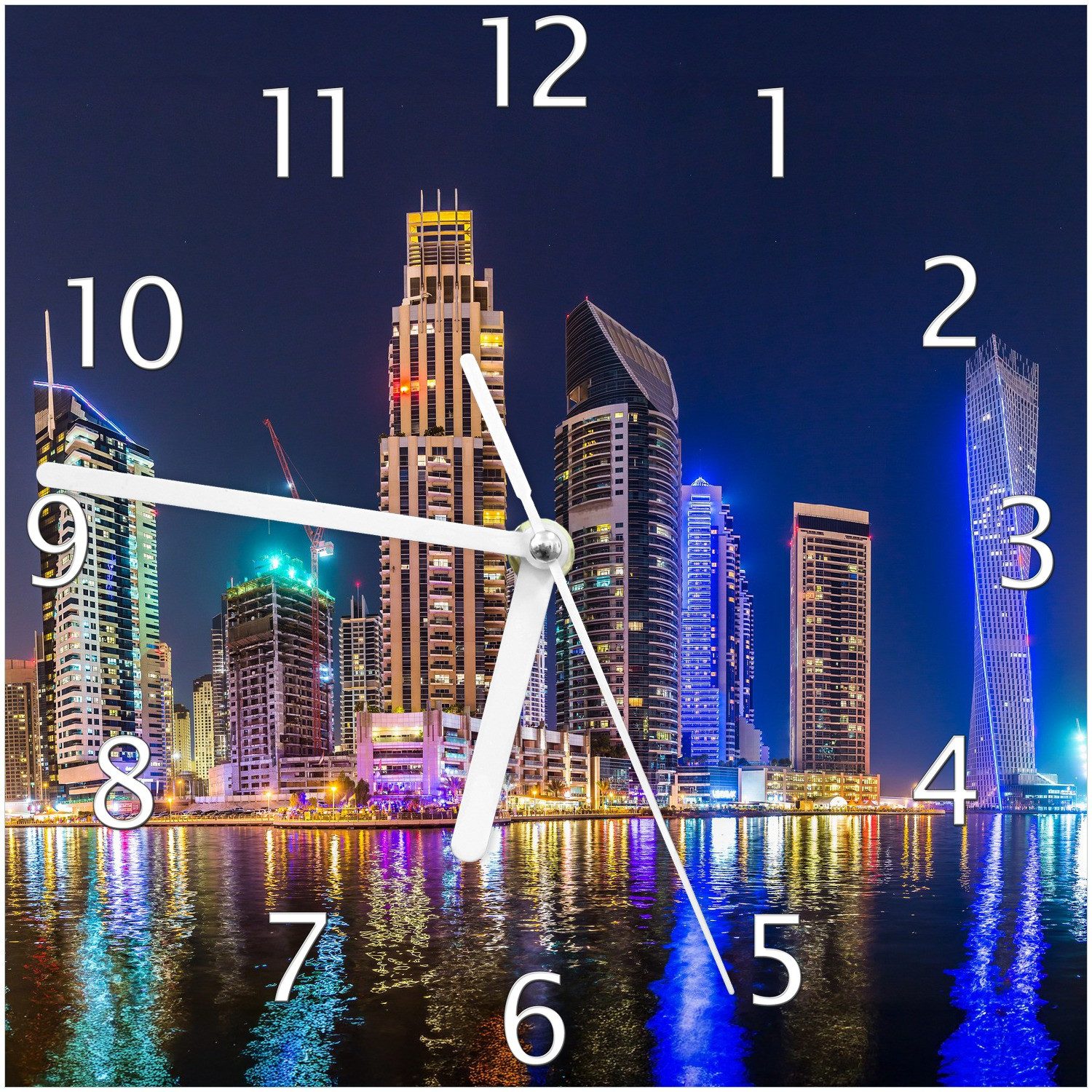 Wallario Wanduhr Skyline am nächtlichen Hafen (Glasuhr)