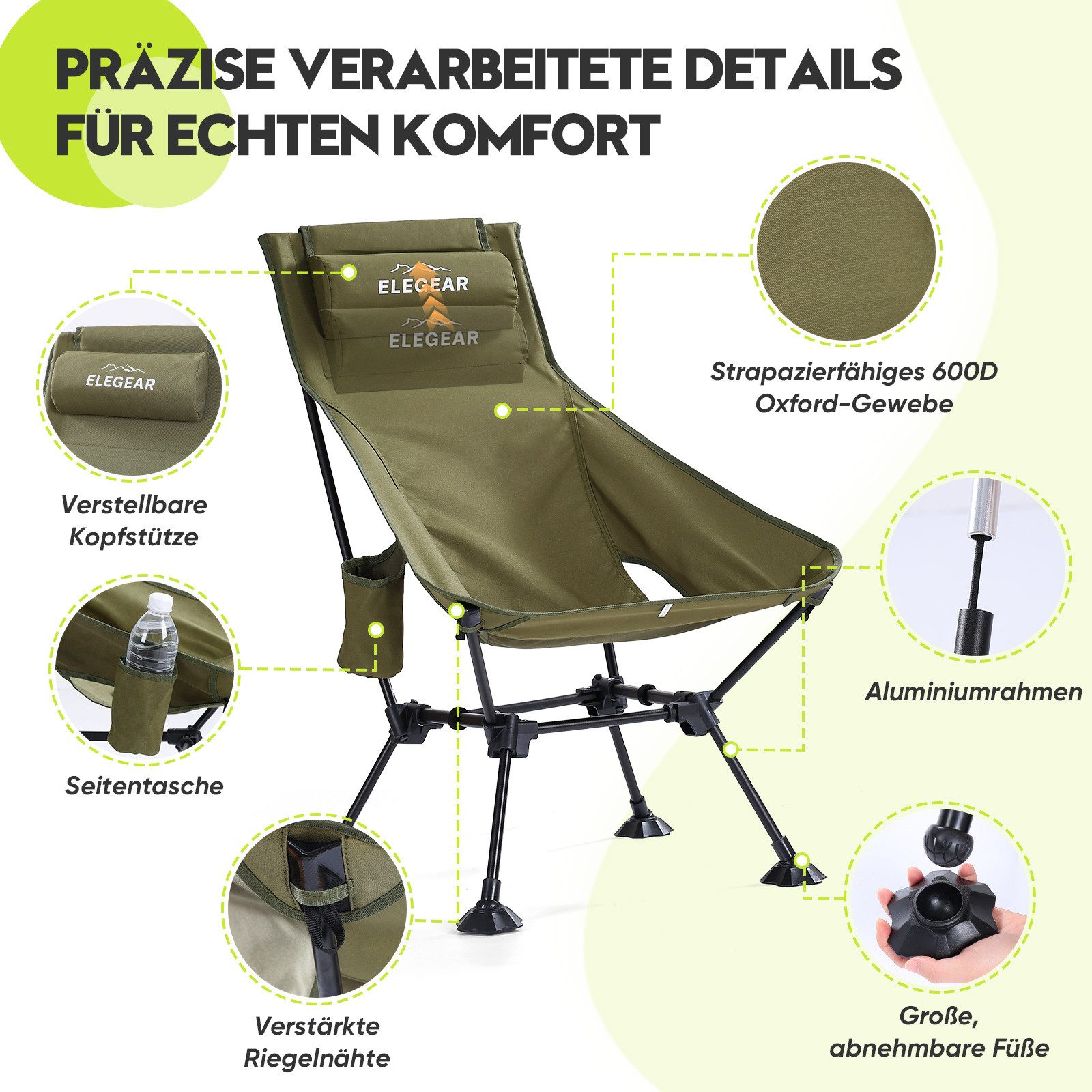 Elegear Campingstuhl faltbar Klappstuhl Anglersessel mit Getränkehalter & Tasche, bis 150kg (1 St), praktisch & ideal für unterwegs, Festival, Open-Air, Angelntuhl