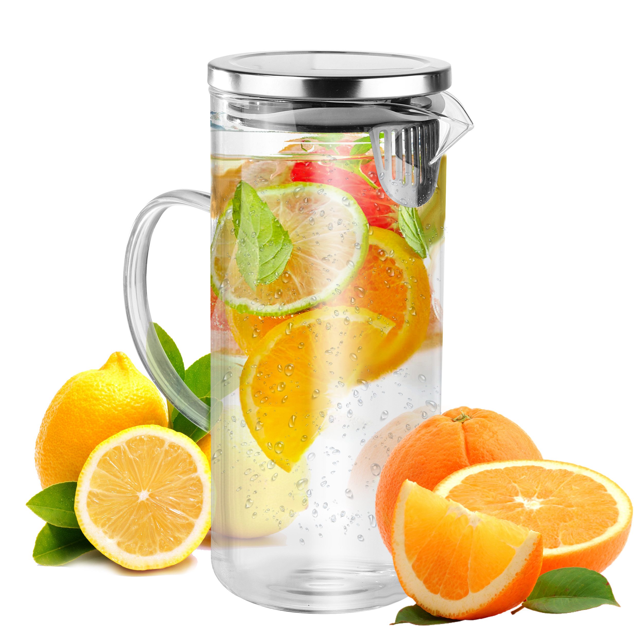 Wasserkaraffe Glas Kühlschrankkrug Glaskanne mit Deckel 1,3L Wasserkrug Saftkanne