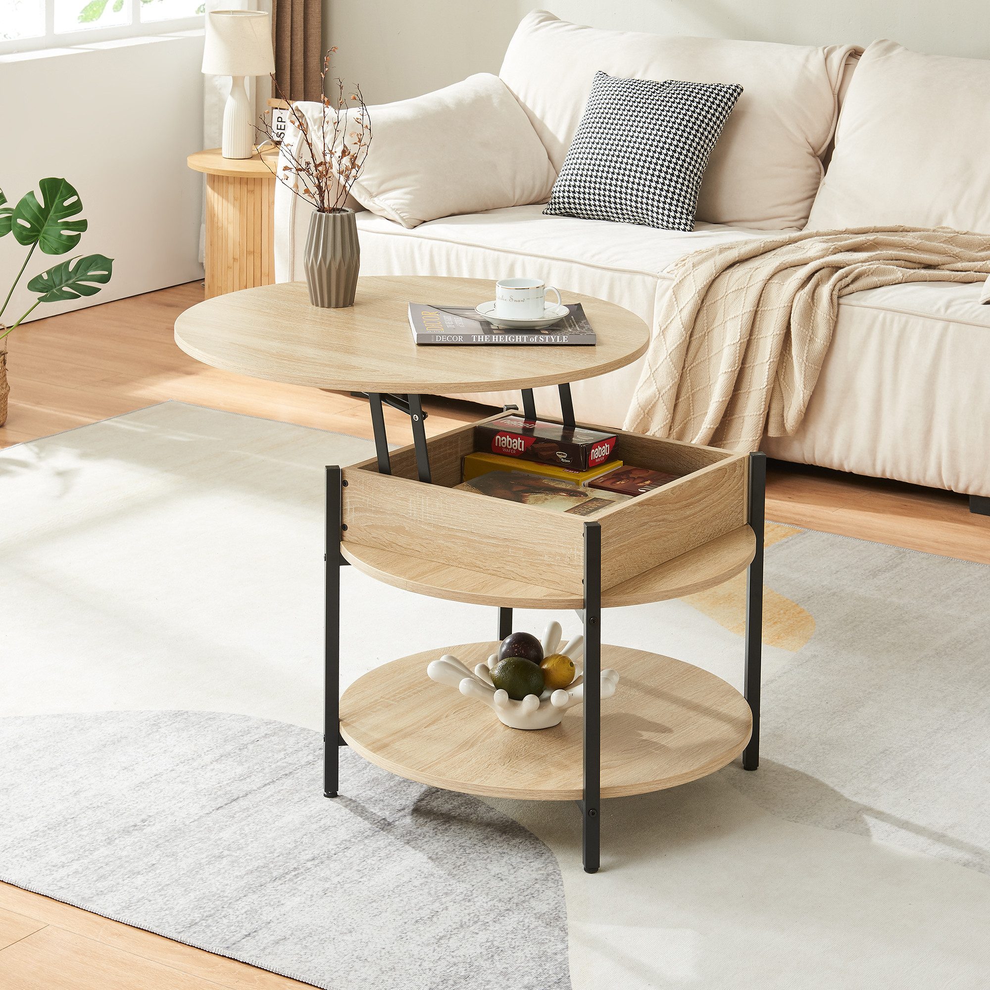 en.casa Couchtisch, »Kandas« mit Hebeplatte rund 70 x 49 cm Eicheoptik