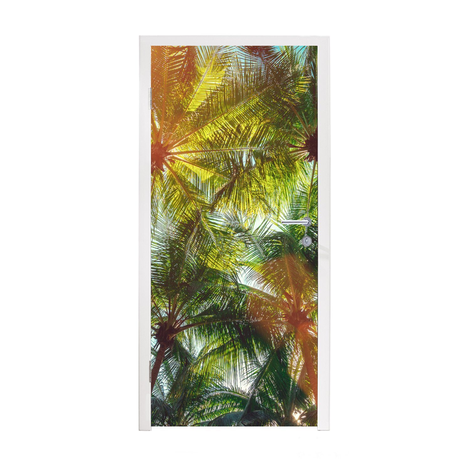 MuchoWow Türtapete Blätter - Palme - Sonne, Matt, bedruckt, (1 St), Fototapete für Tür, Türaufkleber, 75x205 cm