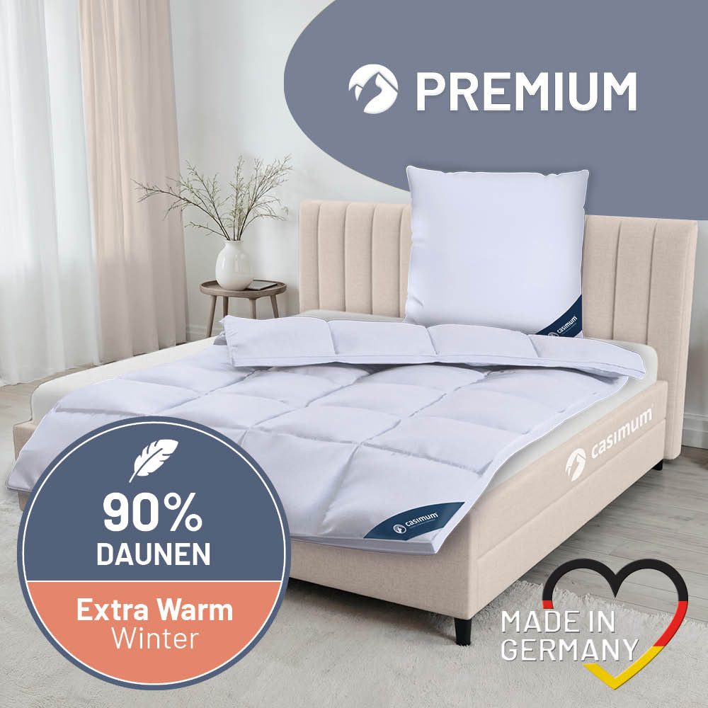 casimum Daunenbettdecke PREMIUM Bettdecke 135x200, 155x220, 200x200 & weitere Größen, Füllung: 90 % Daunen / 10 % Federn, Klasse 1, Downpass zertifiziert, Bezug: 100 % Baumwolle, Decke für Sommer, Winter, Ganzjahr, hergestellt in Deutschland