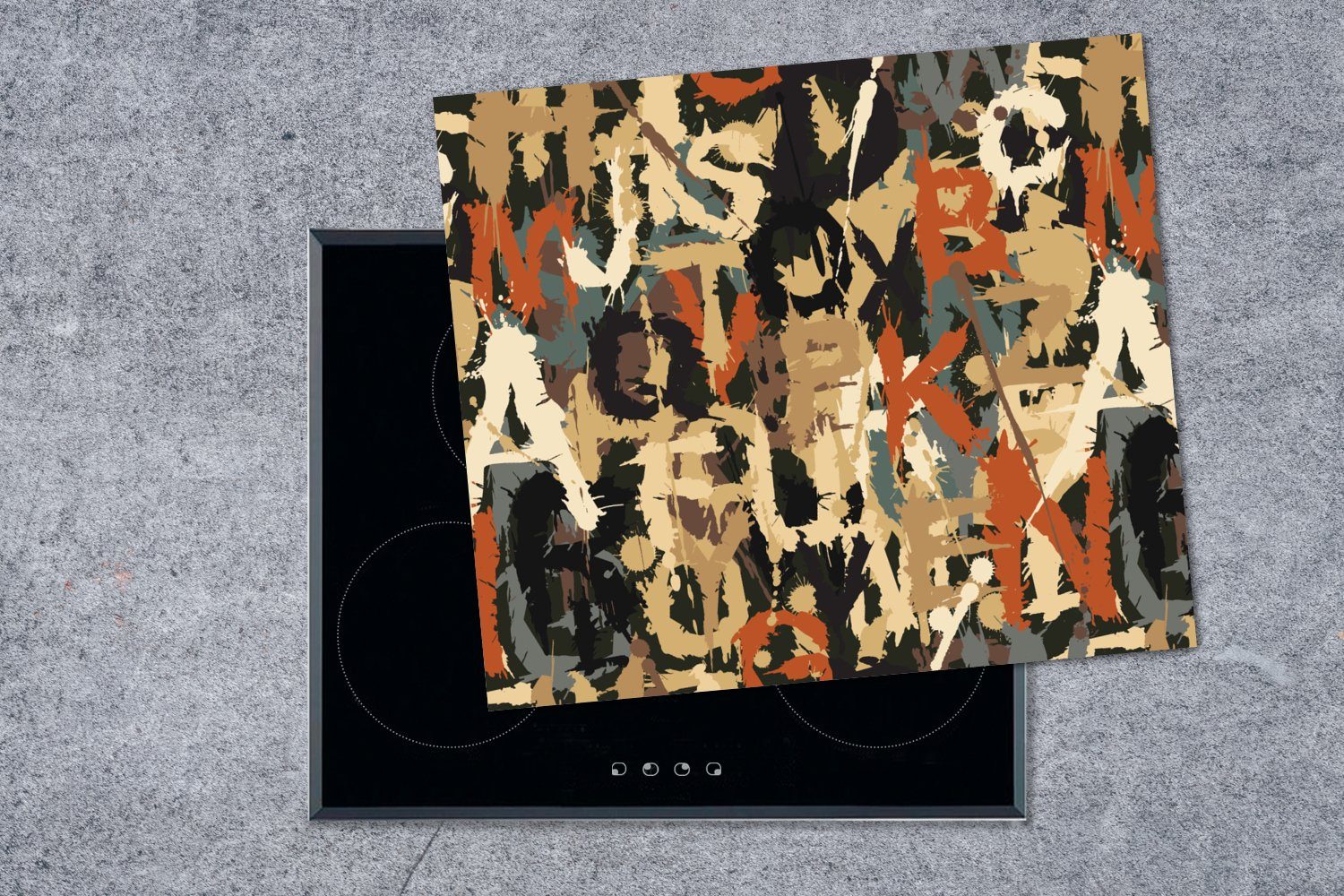nutzbar, Vinyl, - Arbeitsfläche tlg), (1 cm, MuchoWow Ceranfeldabdeckung Schablonen, Alphabet Graffiti 60x52 - Mobile Herdblende-/Abdeckplatte