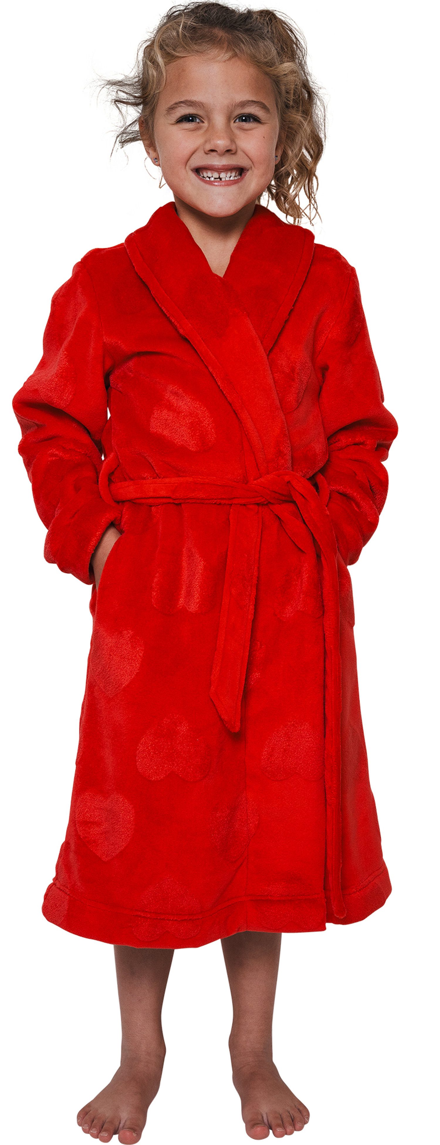 Rebelle Kinderbademantel Mädchen Bademantel Herzen allover, Midi, Polyester, Schalkragen, Fleece