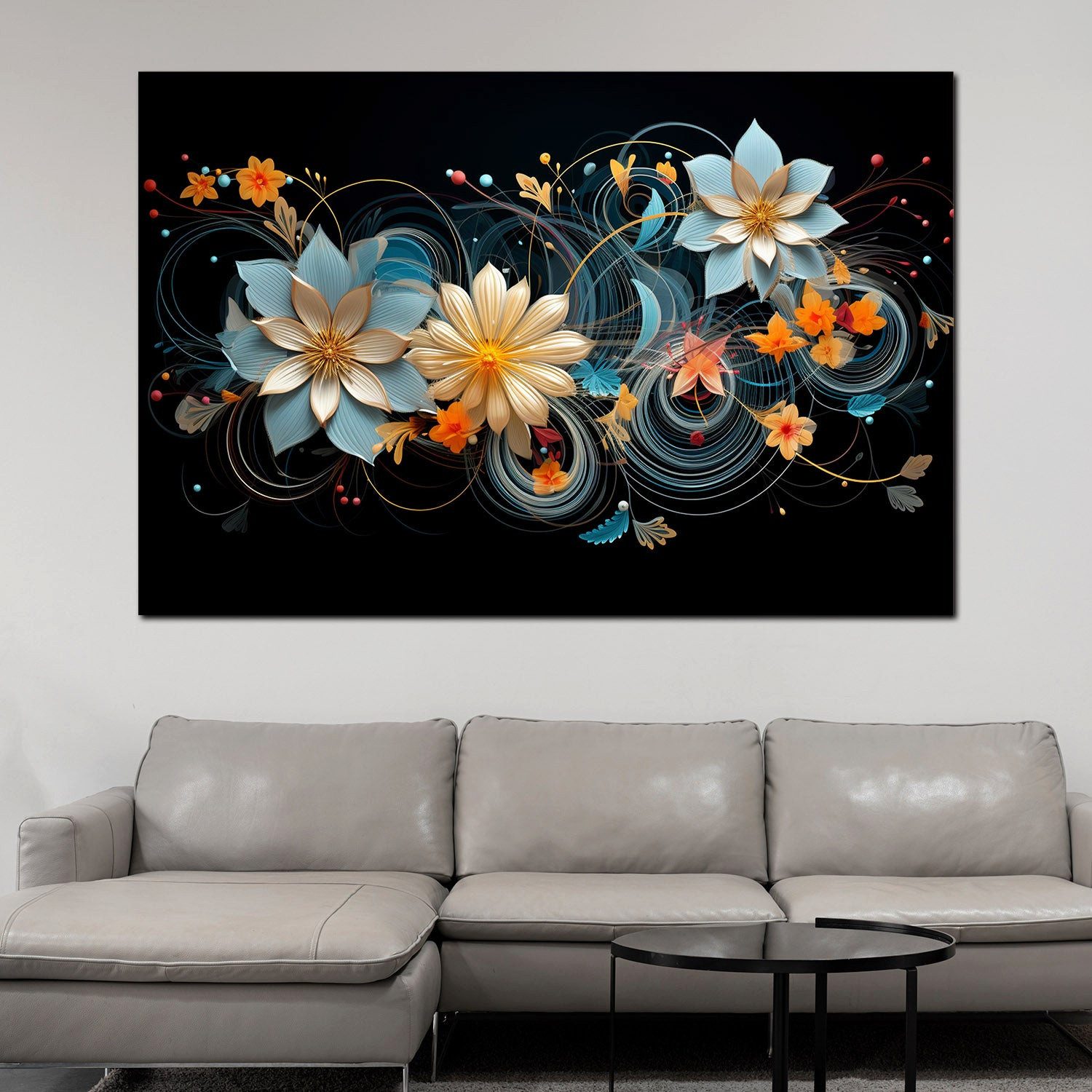 Artedinoi Leinwandbild Blumen elegant Gold Schwarz abstrakt Leinwandbild Kunstdruck XL Deko, Blumen in Schwarz, abstrakt