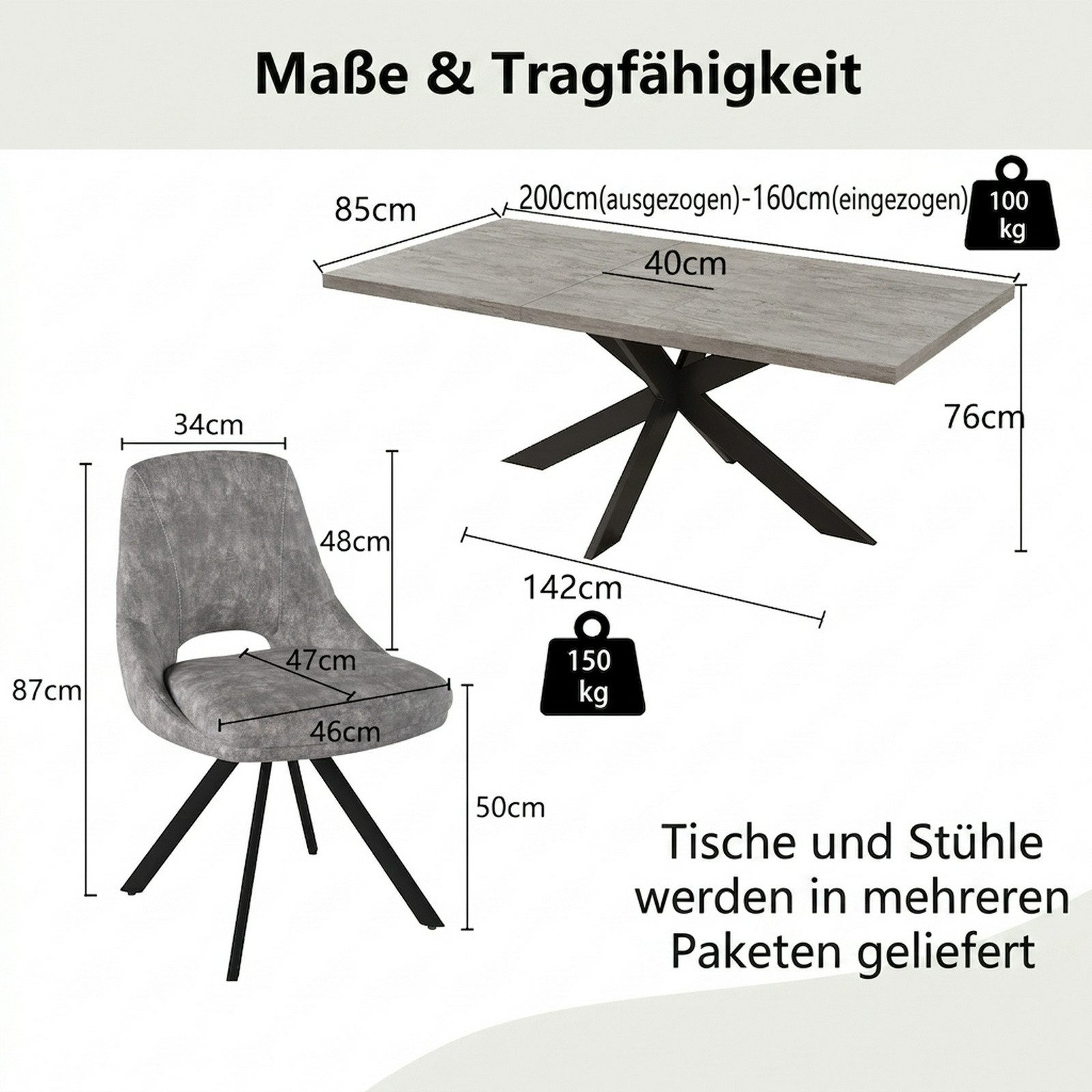 Jiexi Essgruppe Essgruppe ausziehbar 160-200cm MDF Rhein-Optik Flanell Stühle Set