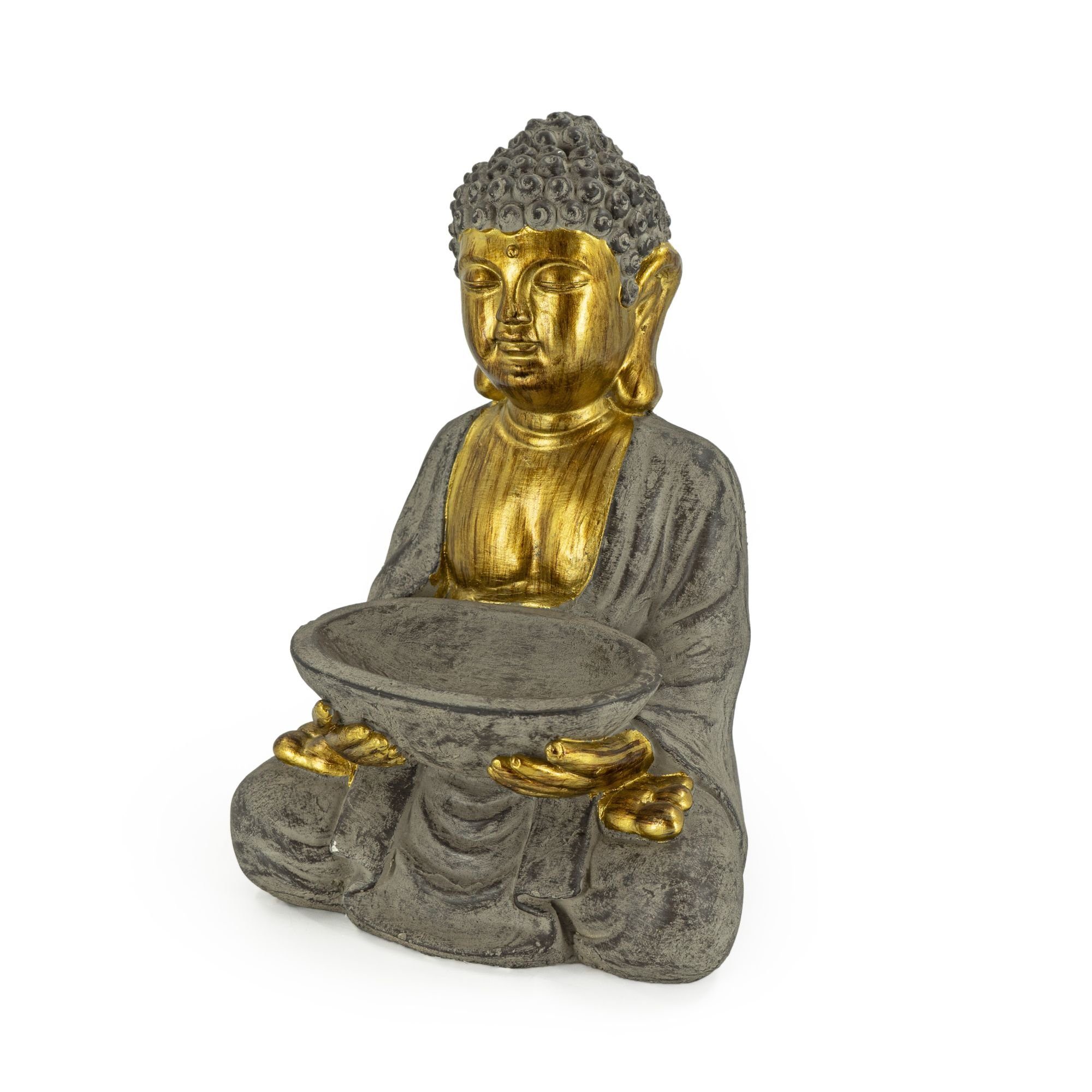 Rivanto Buddhafigur (1 St), Sitzende Steinoptik Deko Figur mit goldener Haut, mit Vogeltränke