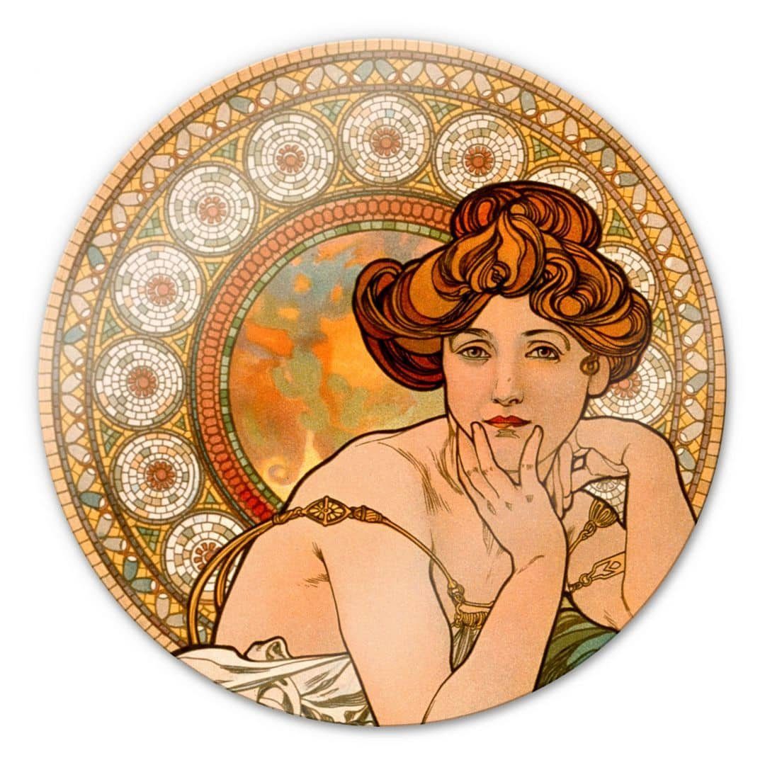 K&L Wall Art Glasbild Glas Wandbild Rund Glasbild Nostalgie Mucha Edelsteine Topas, Wandschutz Deko Bilder