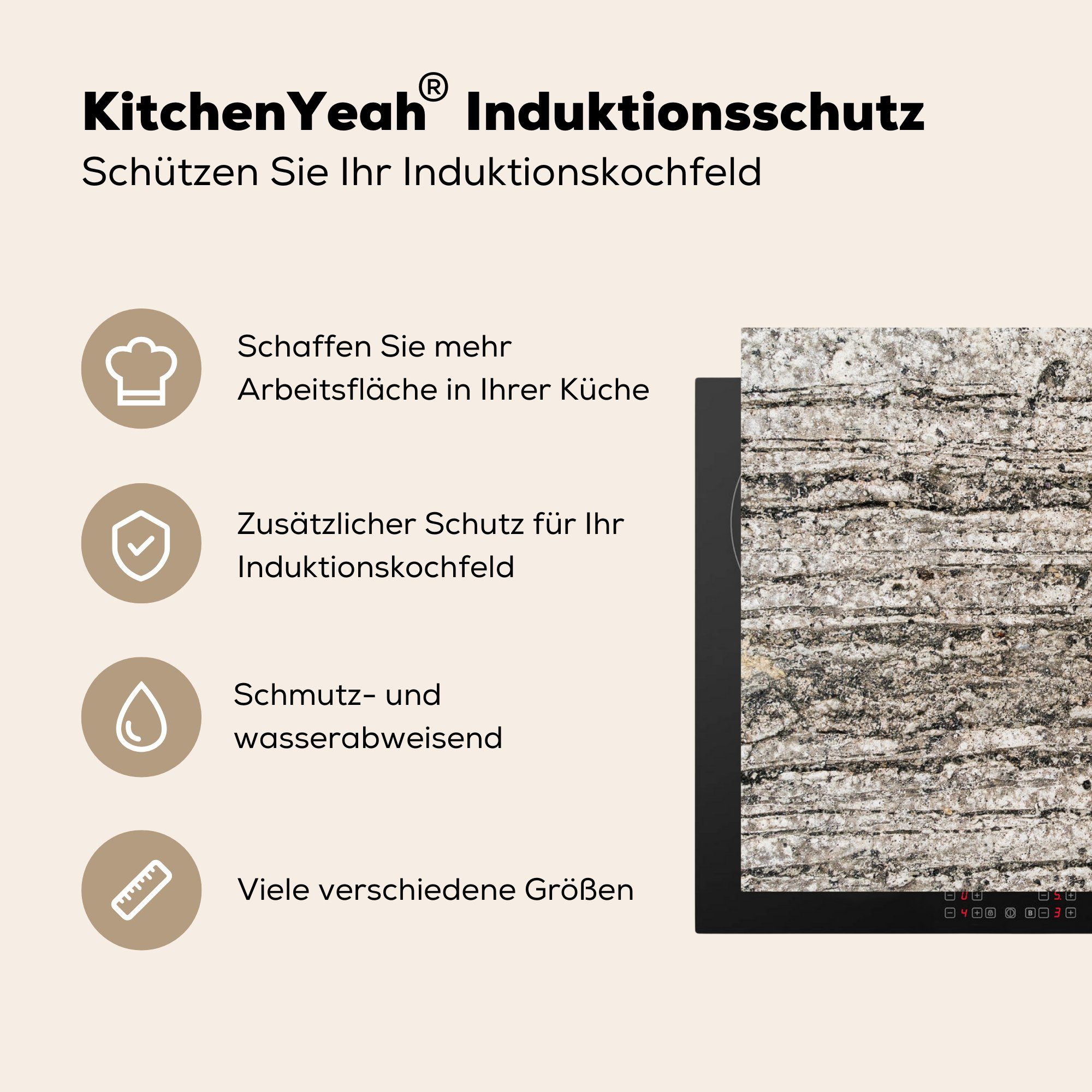 MuchoWow Herdblende-/Abdeckplatte Beton - Design - - küche Ceranfeldabdeckung, tlg), Vintage 83x51 Induktionsmatte für Arbeitsplatte Vinyl, (1 Induktionsschutz, cm, 