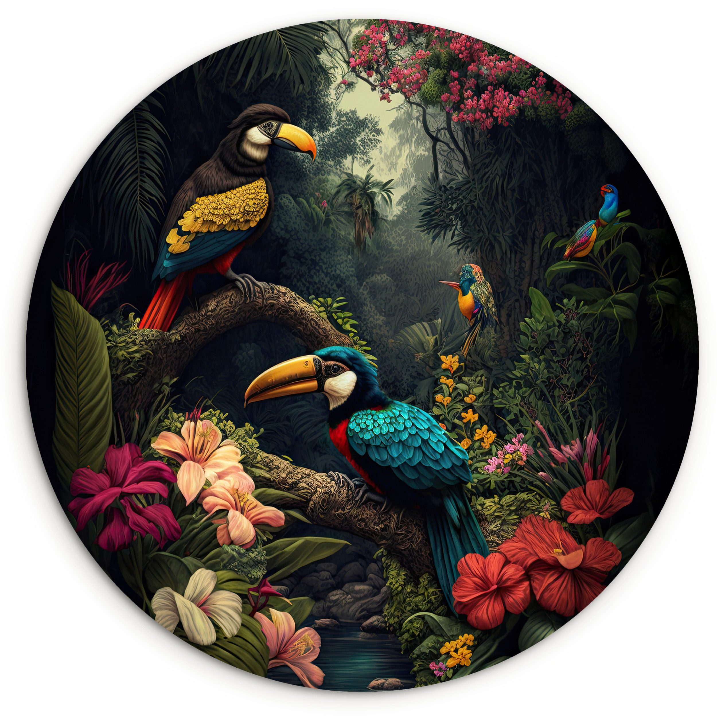 MuchoWow Gemälde Blumen - Vogel - Dschungel - Pflanzen, Fotodruck (1 St), Kreis Wanddekoration, Rundes Wandbild, 30x30 cm
