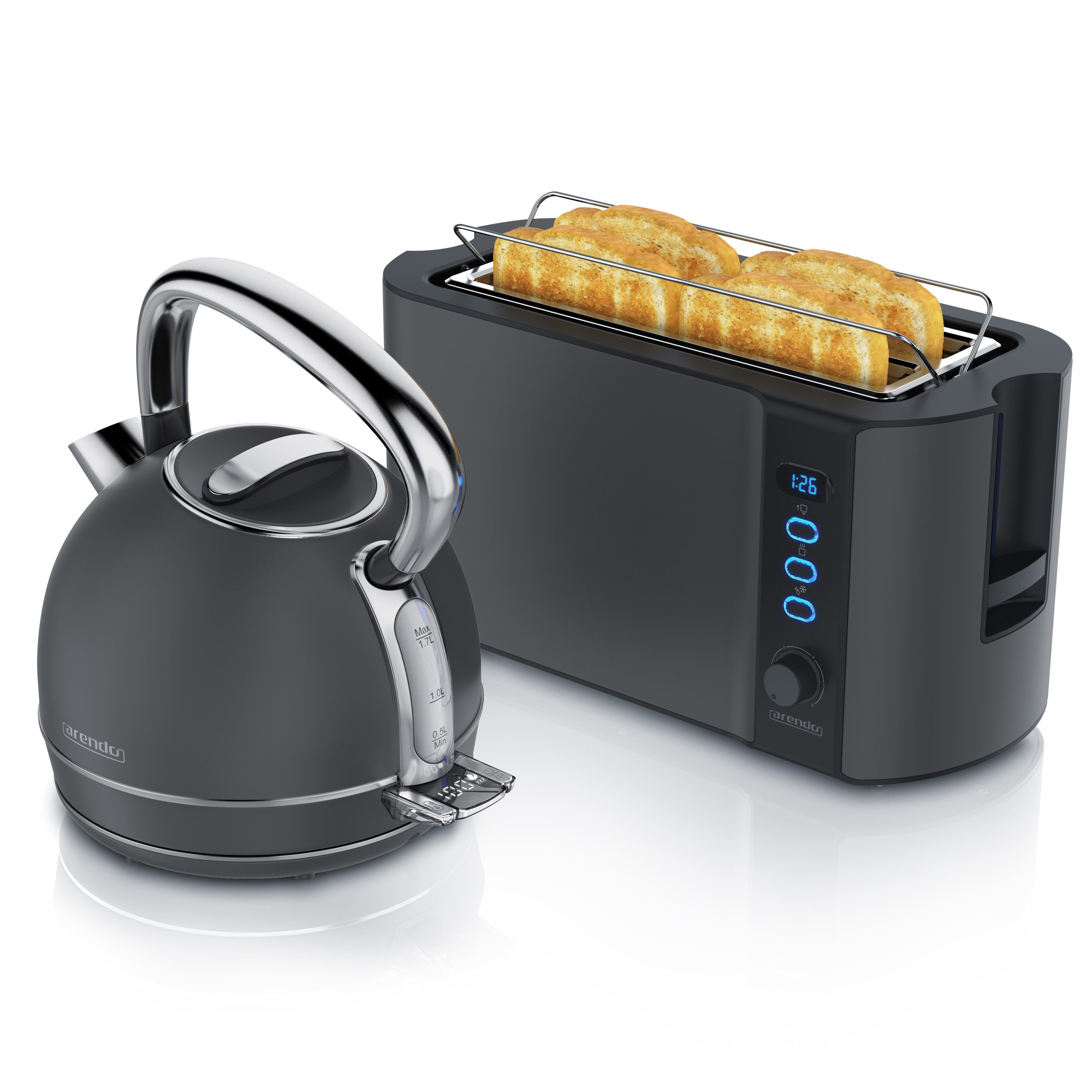 Arendo Frühstücks-Set Edelstahl Wasserkocher 1,7l, 4-Scheiben Langschlitz Toaster, Cool Grey (2-tlg), Vintage Wasserkocher Temperatureinstellung, Toaster Brötchenaufsatz