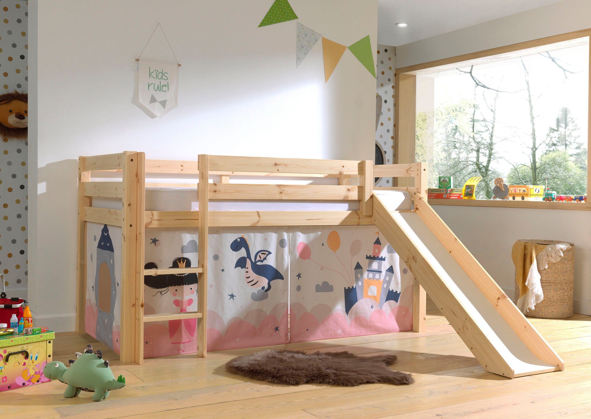 Vipack Spielbett Pino, Kiefer massiv, mit Rolllattenrost u. Textil-Set, Made in Europe (B/H/T ca. 210x114x218cm, mit Absturzschutz, Leiter und Rutsche), verschiedene Textil-Designs und Holzfarben zur Wahl