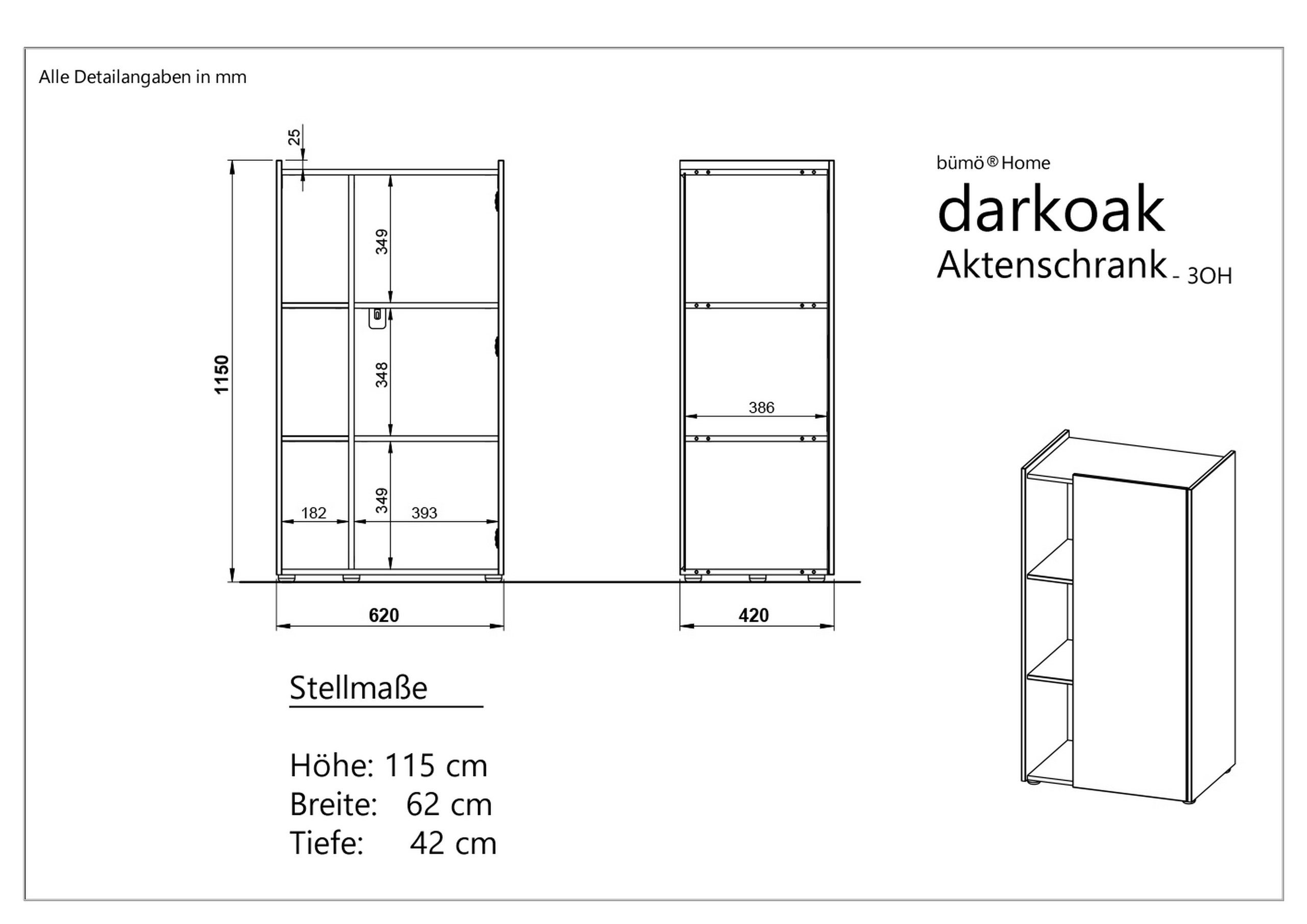 Büroschrank in darkoak Aktenschrank 3 Ordnerhöhen mit bümö graphit/eiche