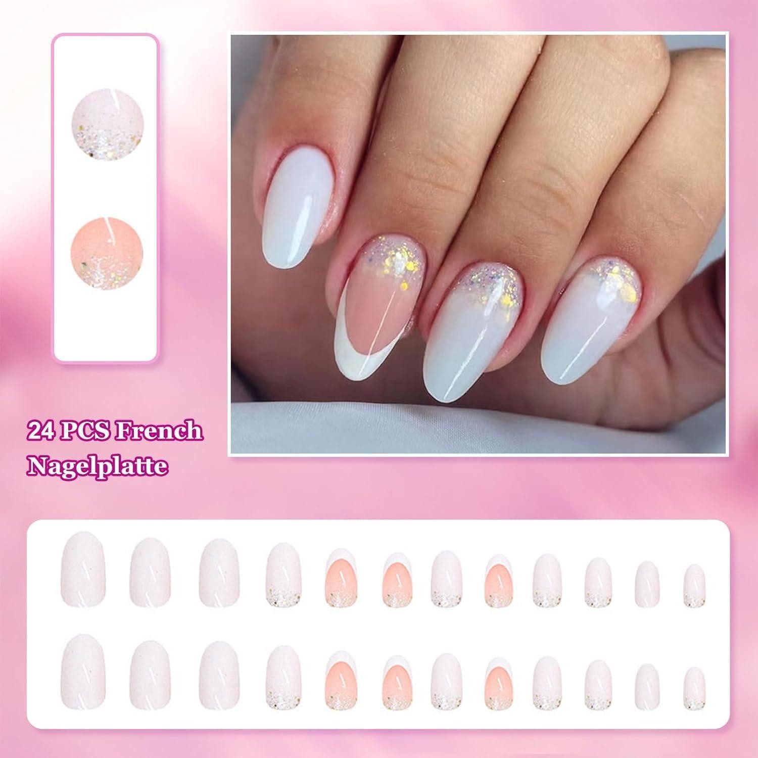 LuxusKollektion Kunstfingernägel Falsche Nägel 24 Stück Medium Almond Nagelkleber Glitzer Weiß Pink