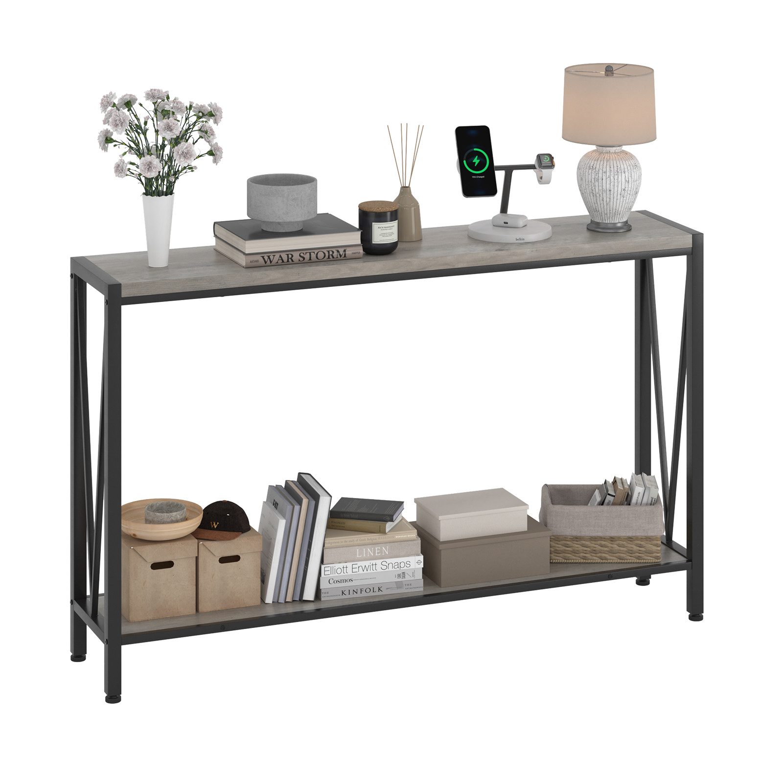 GarveeMore Konsolentisch Schmal Holz Konsolentisch,mit Stauraum, Holz und Metall Couchtisch