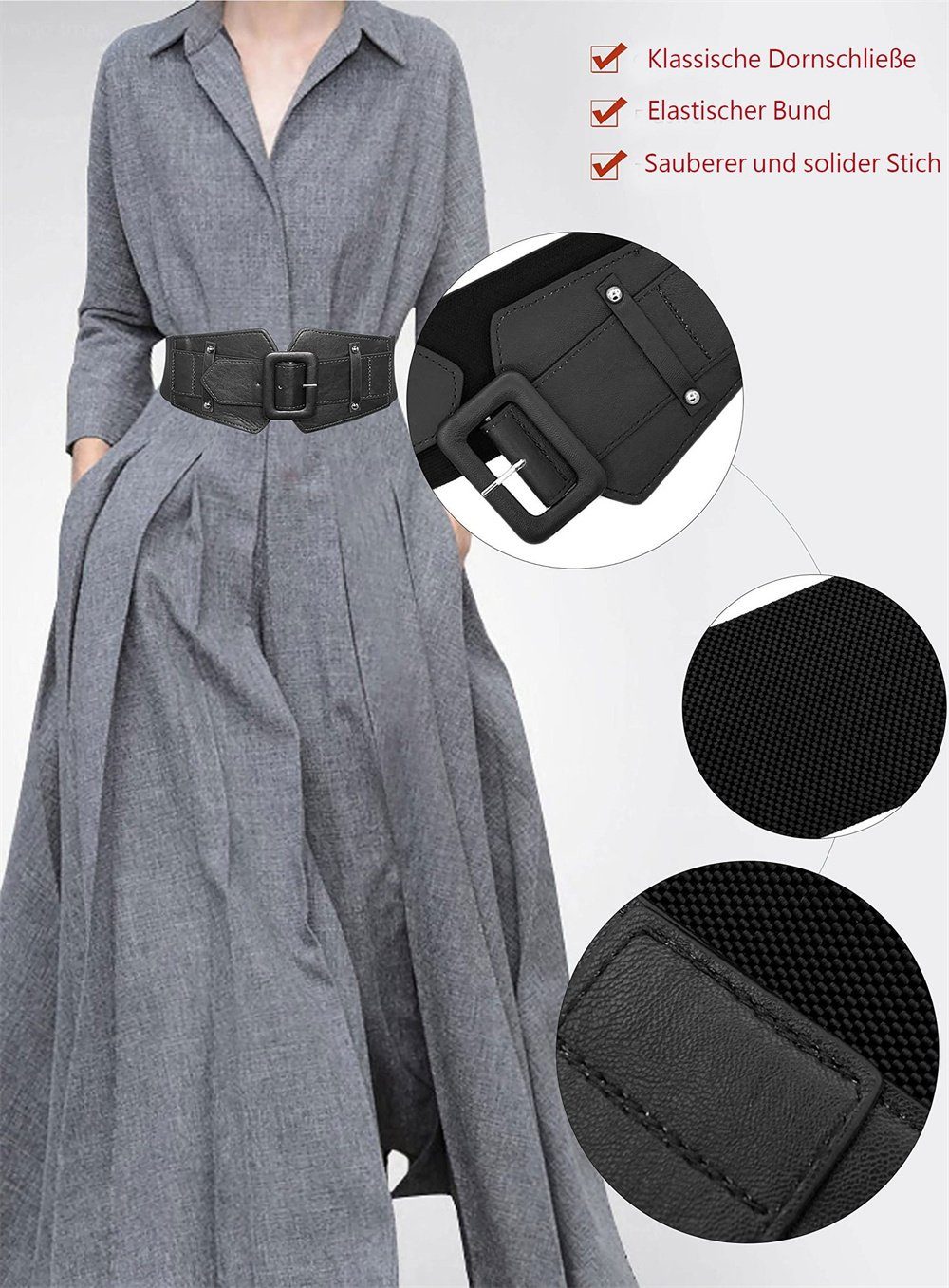 GLAMO Kettengürtel Gürtel Damen Schwarz Vintage elastischer Gürtel breiter Bund