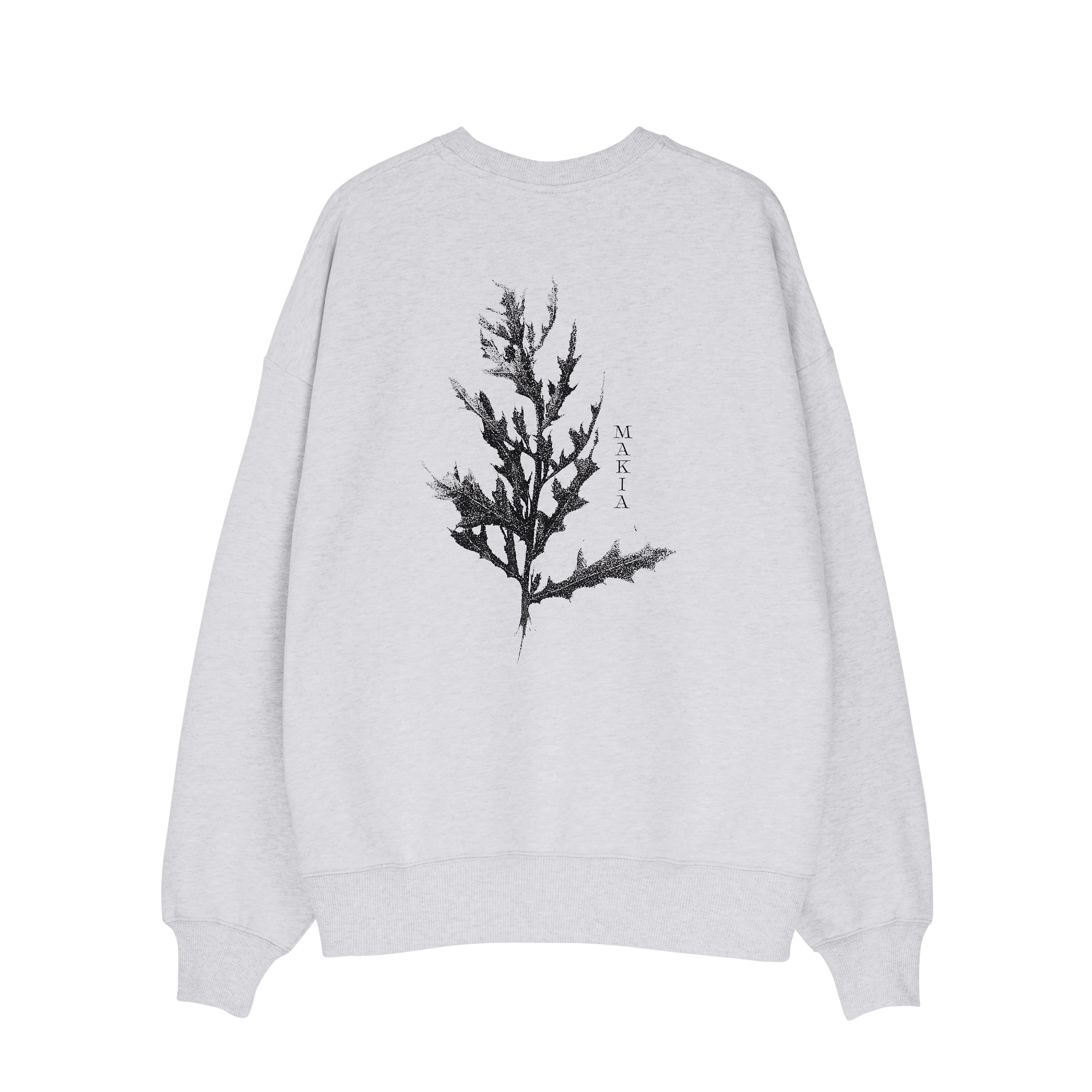 Sweatshirt Larsen Blattprint Sweatshirt mit Fleece Danny Biobaumwolle Flora hellgrau MAKIA