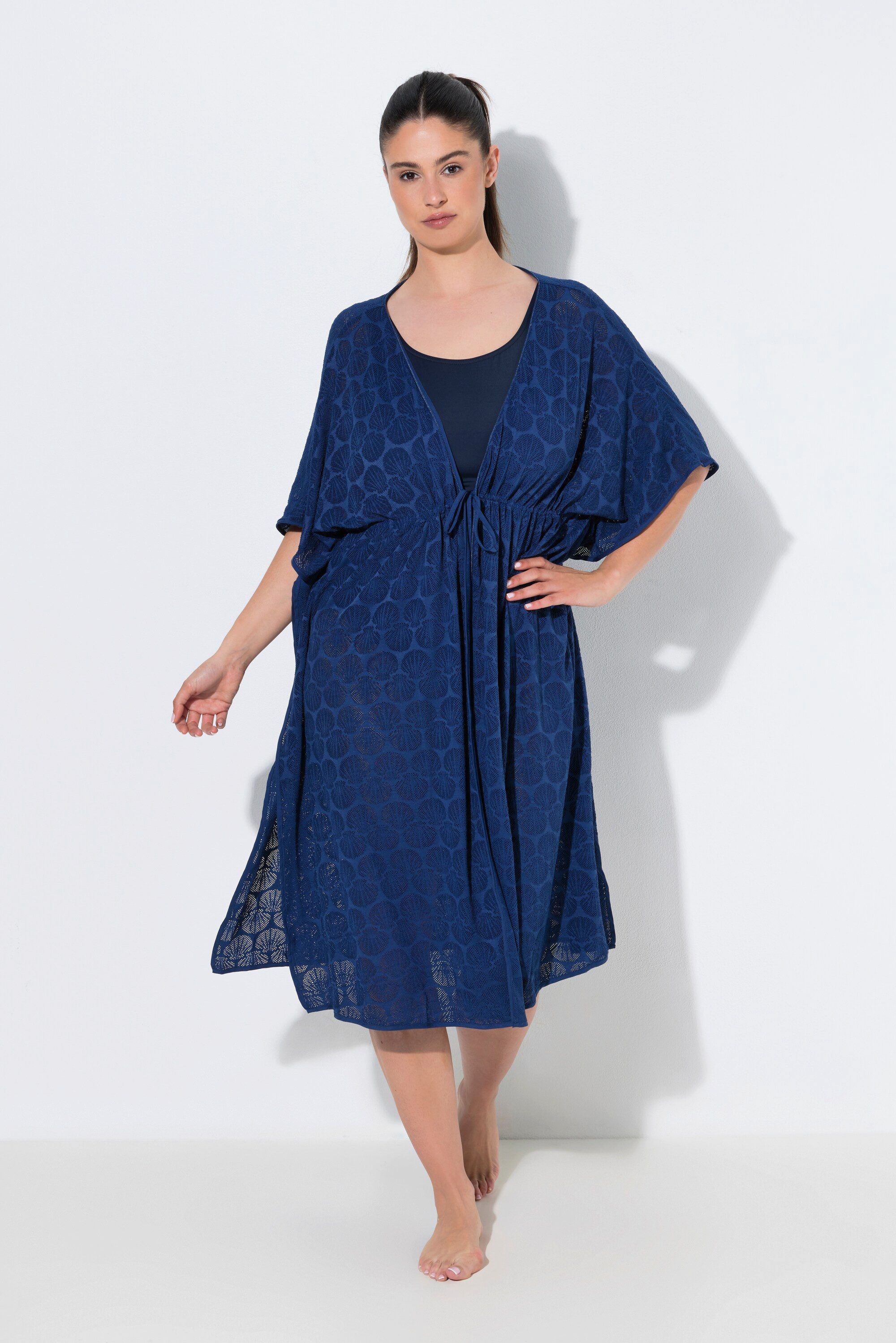 Ulla Popken Strandkleid Kaftan Muscheln V-Ausschnitt Satinband