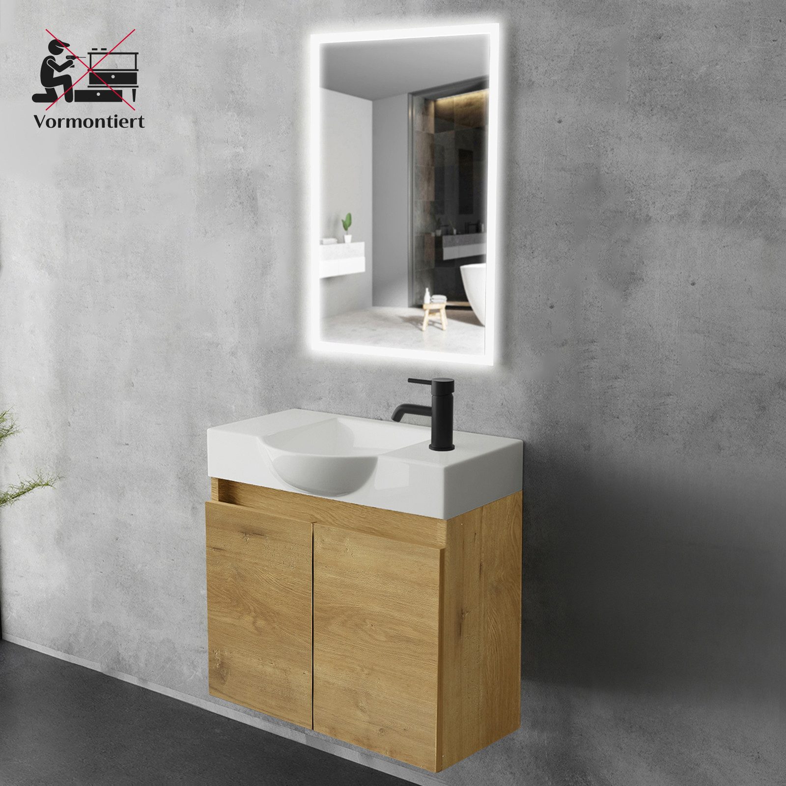 Alpenberger Badmöbel-Set Gäste WC Waschbecken mit Unterschrank 55 cm Breit, (Badezimmer Schrank, Waschtisch mit Unterschrank), Waschbeckenunterschrank mit Softclose Funktion
