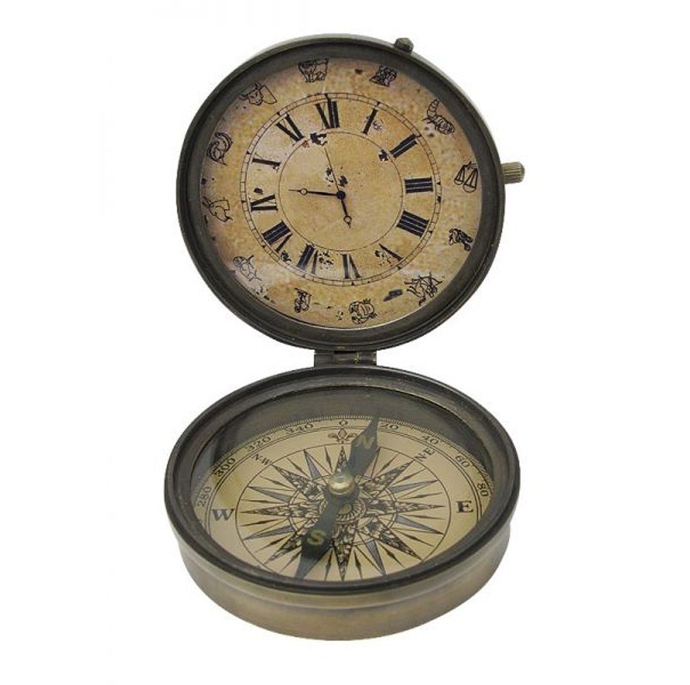 Linoows Dekoobjekt Dosen Kompass mit Uhr, Multi Instrumenten Kompass, Kompass und Uhr aus Altmessing