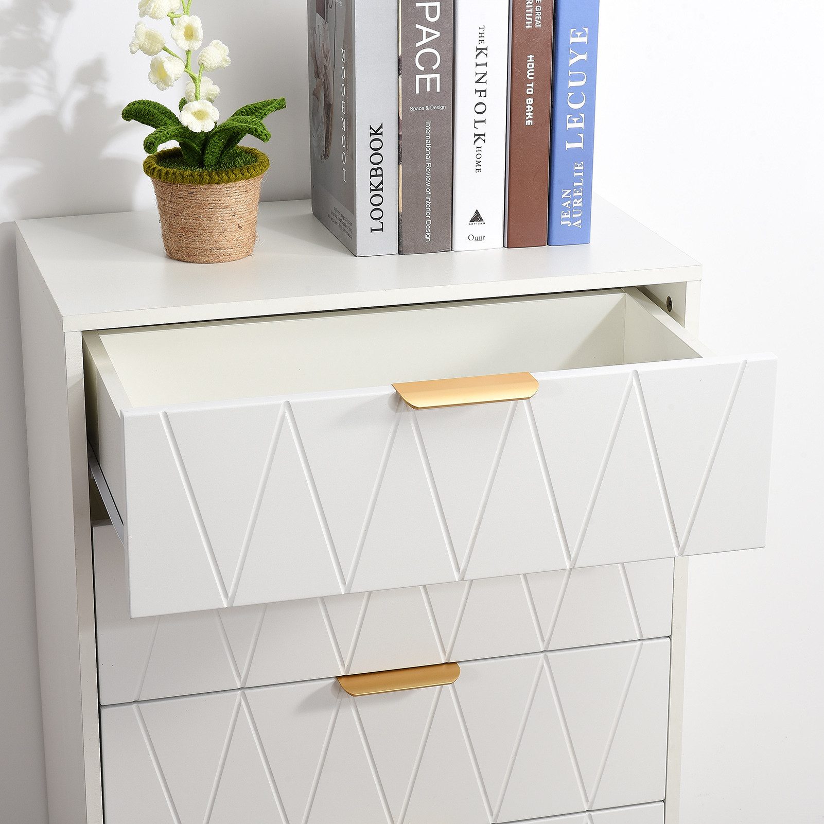 SEEZSSA Nachttisch Nachtschrank mit Schubladen, Nachtkommode, Nachtkonsole (Set, 1-St., Weiß Sideboard mit 4 Schubladen mit Metallfüße, Metallgriffe), Kommode 9 – Bild 5 von 5