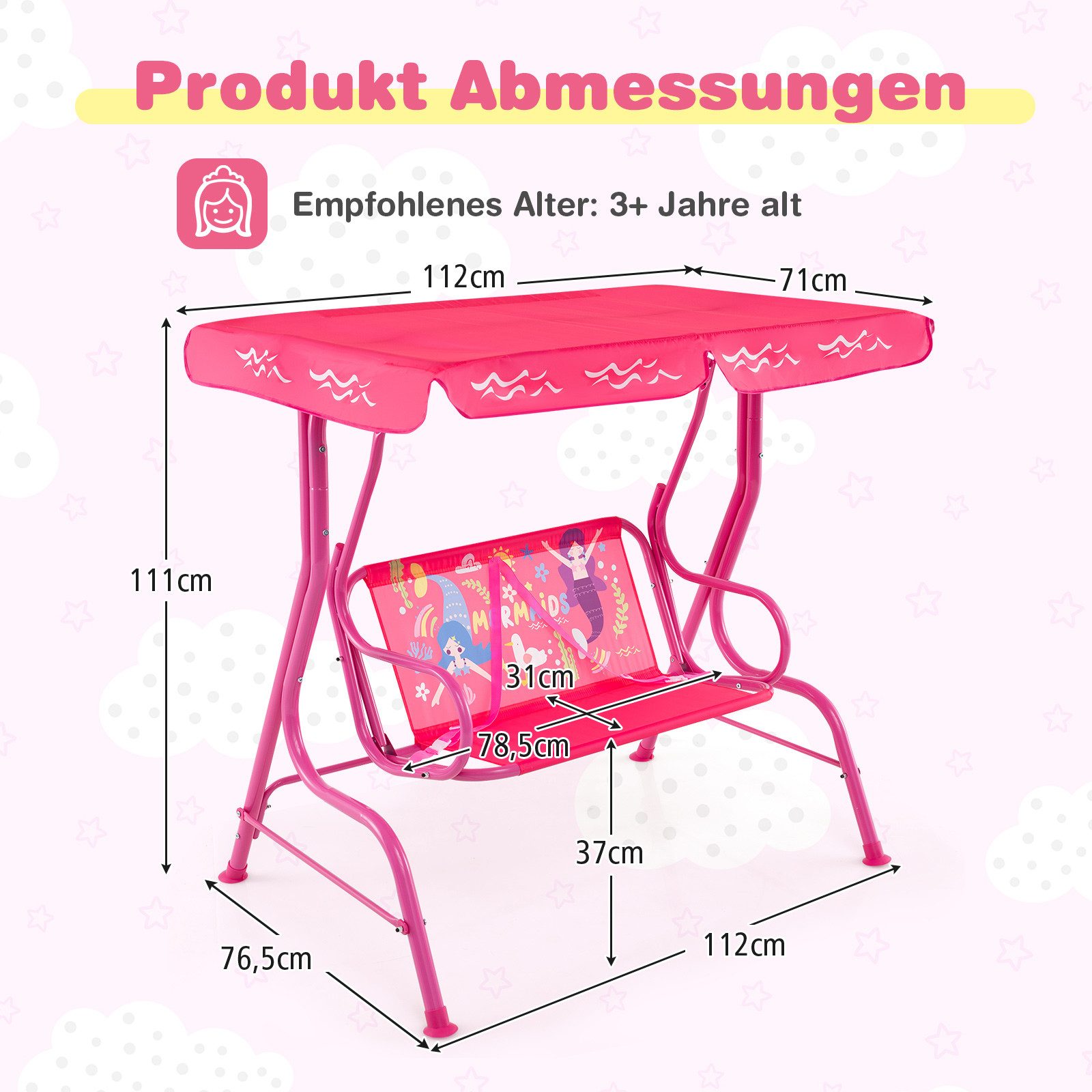 COSTWAY Hollywoodschaukel, 2-Sitzer, für Kinder, mit verstellbarem Sonnendach