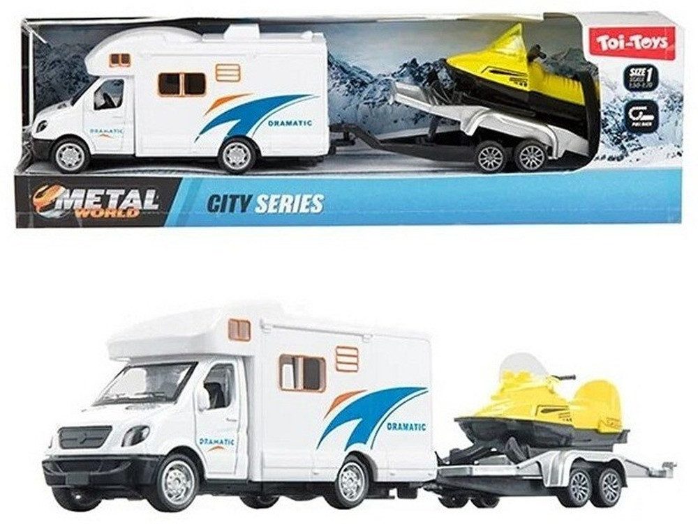 Toi-Toys Spielzeug-Auto METAL World - Camper Pullback + Anhänger + Schneescooter