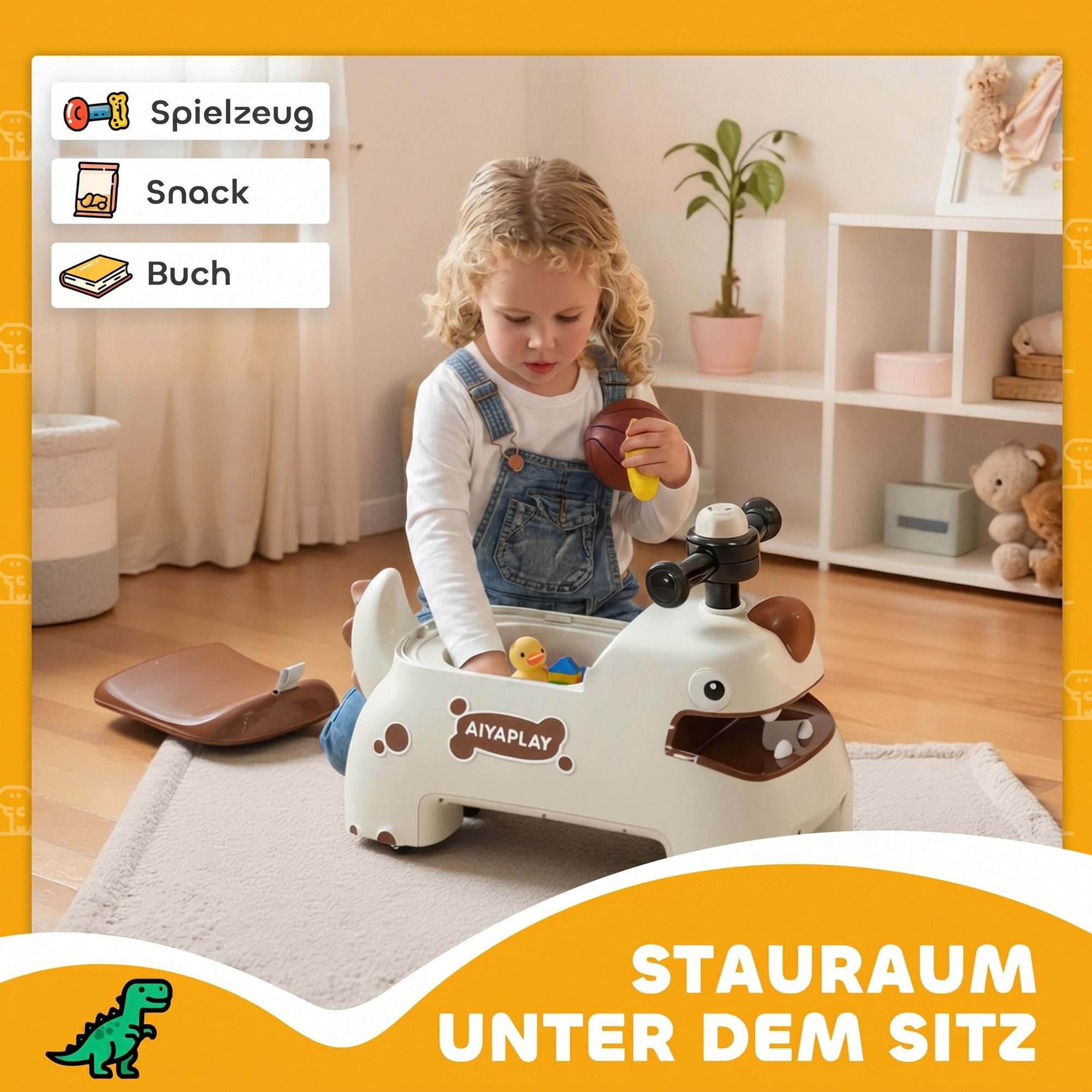 AIYAPLAY Rutscher Rutschauto Rutschfahrzeug mit Stauraum unter Sitz, Licht, Musik, (Kinderfahrzeug, 1-tlg., Rutschauto im Dinosaurier-Form), für 18-36 Monaten K – Bild 4 von 5