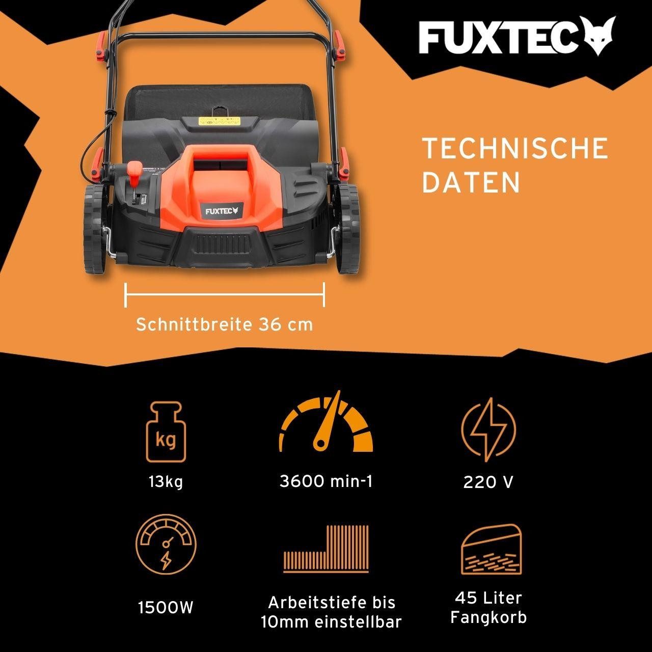 FUXTEC Elektro-Vertikutierer FX-EV360, 36 cm Arbeitsbreite, 1300W Motor, 5-fach Tiefenverstellung (10mm bis -12mm), 45L Fangkorb