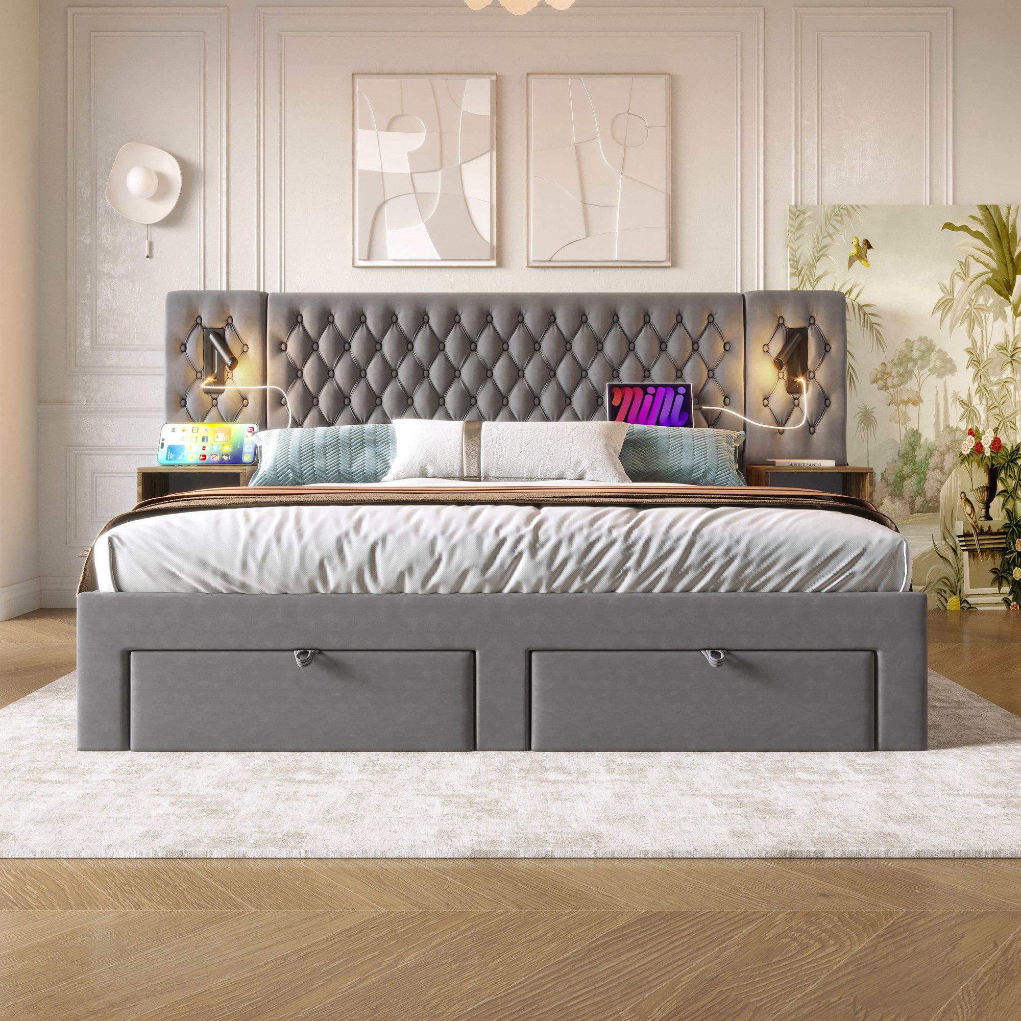 MODFU Polsterbett Vintage Doppelbett (Funktionsbett, 1-tlg., 180 ×200 cm, mit Matratze), mit 2 Nachttischen, 4 Schubladen, USB- & Type-C-Ladeanschluss