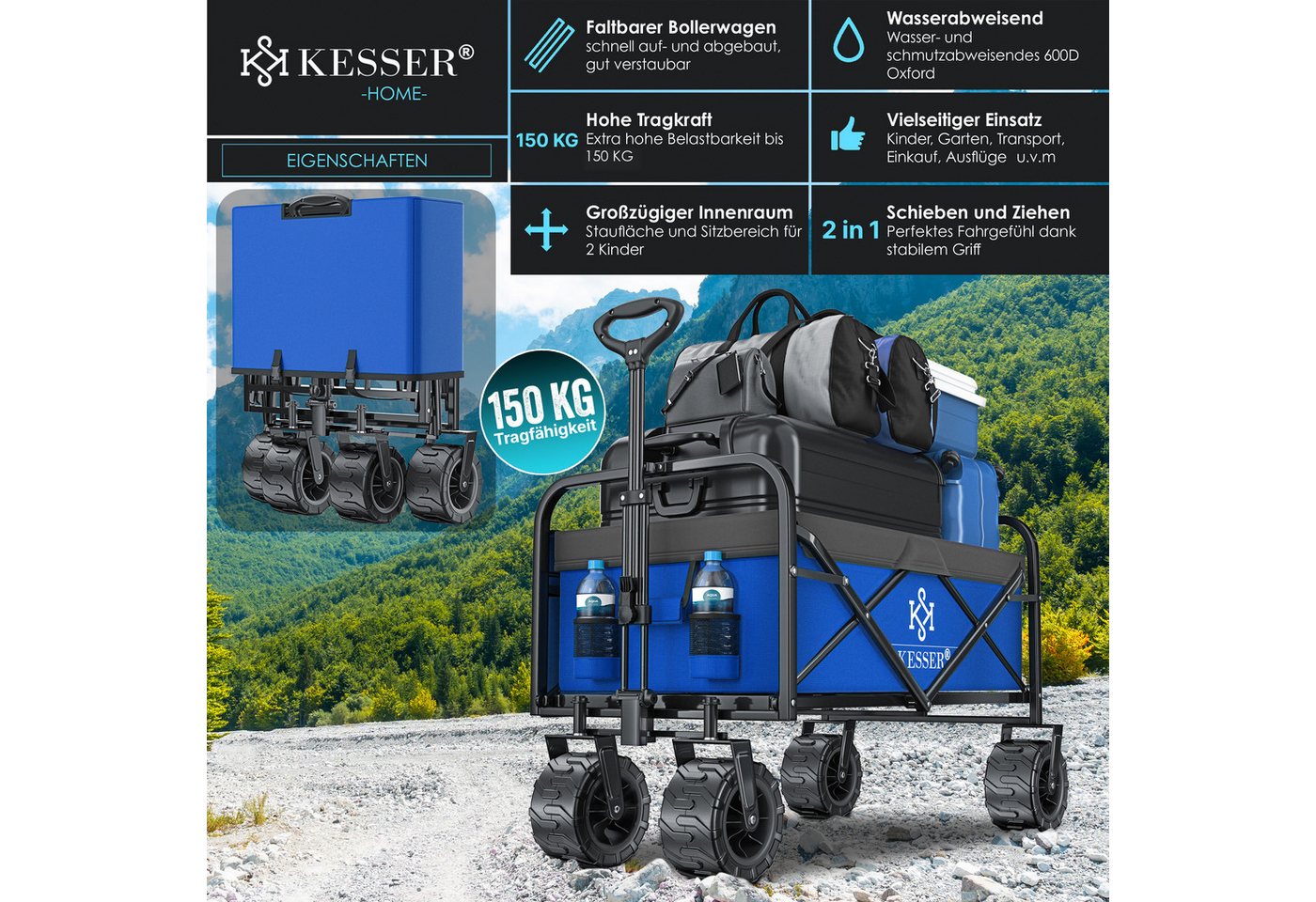 Thumbnail - KESSER Bollerwagen, Bollerwagen faltbar Breite Reifen Handwagen Transportkarre