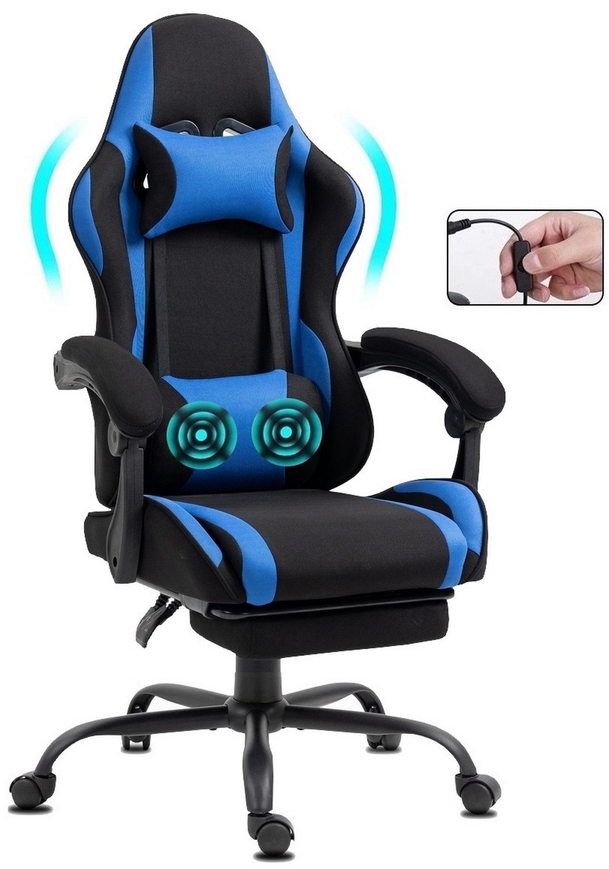 Delman Gaming-Stuhl Bürostuhl,Gaming Stuhl,Massagefunktion,Dicke Polsterung,Fußstütze, Massagefunktion,dickes Kissen,Kopfstütze, Rückenlehne bis 135° neigbar
