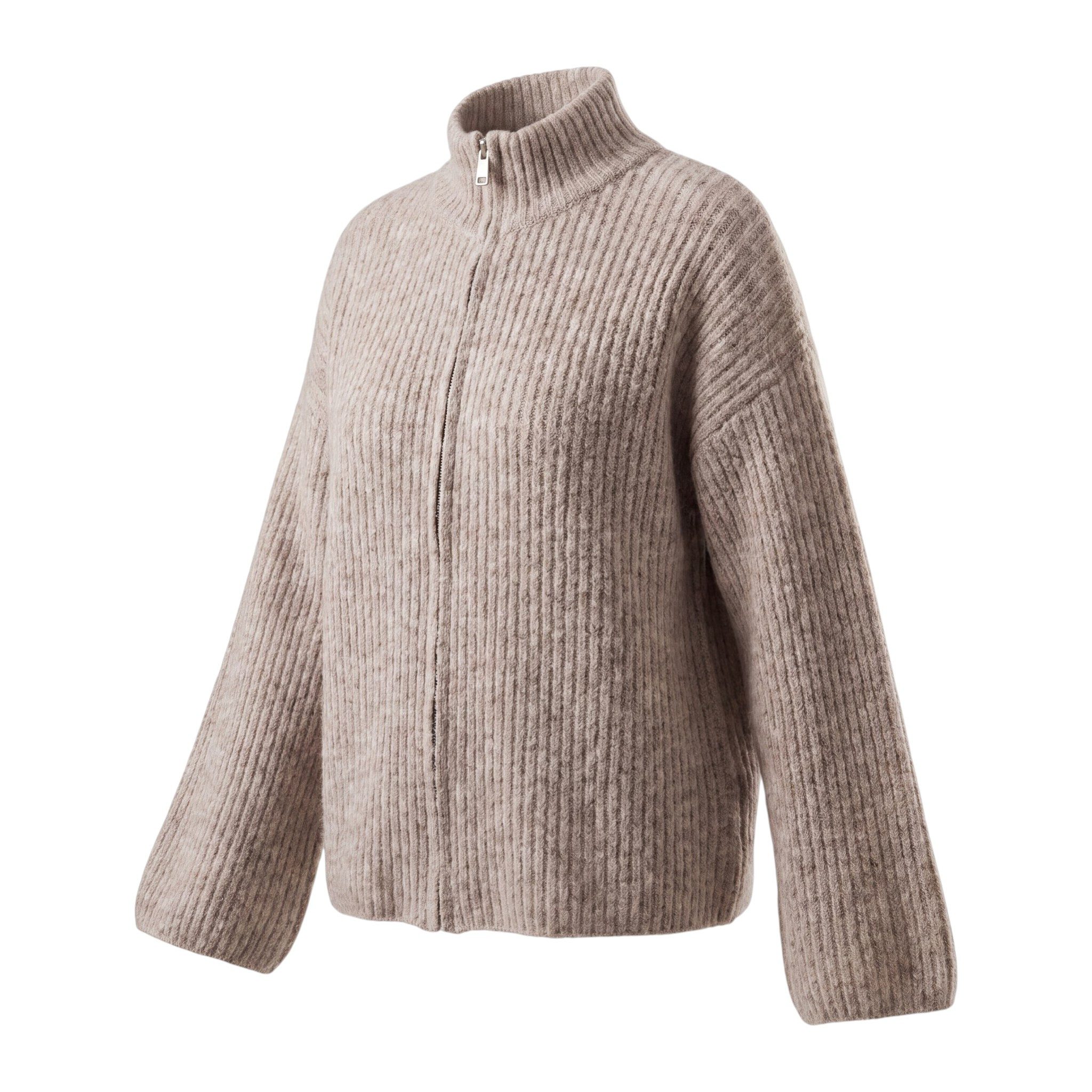 OriginalYou Strickjacke Freizeitjacke Damen Strick Jacke Relaxed Reißverschluss, Stehkragen, weiter Ärmelabschluss