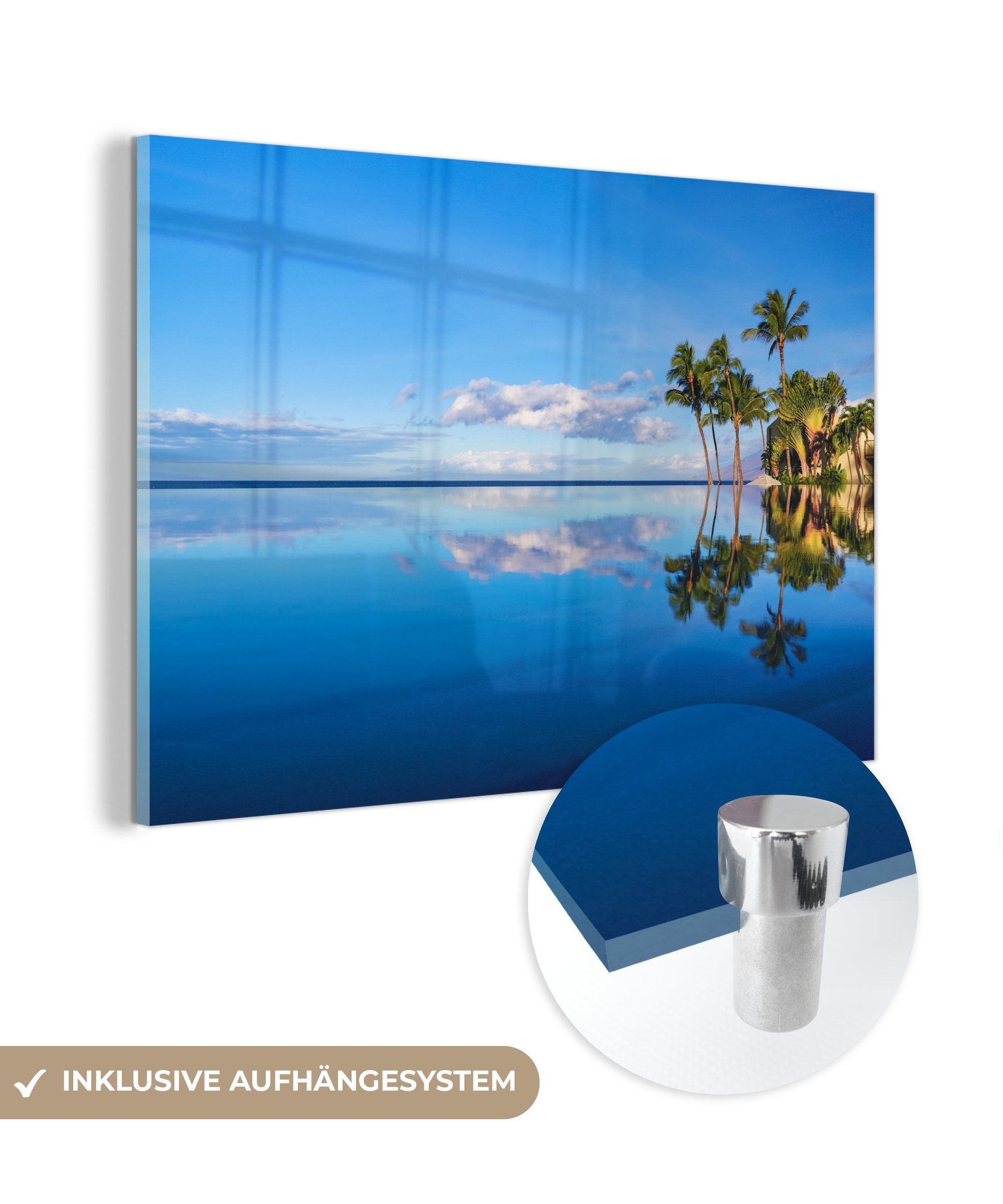 MuchoWow Acrylglasbild Am St), Acrylglasbilder in Wohnzimmer & Wasser, Beach (1 Palmen sich Wailea spiegeln im Hawaii Schlafzimmer die