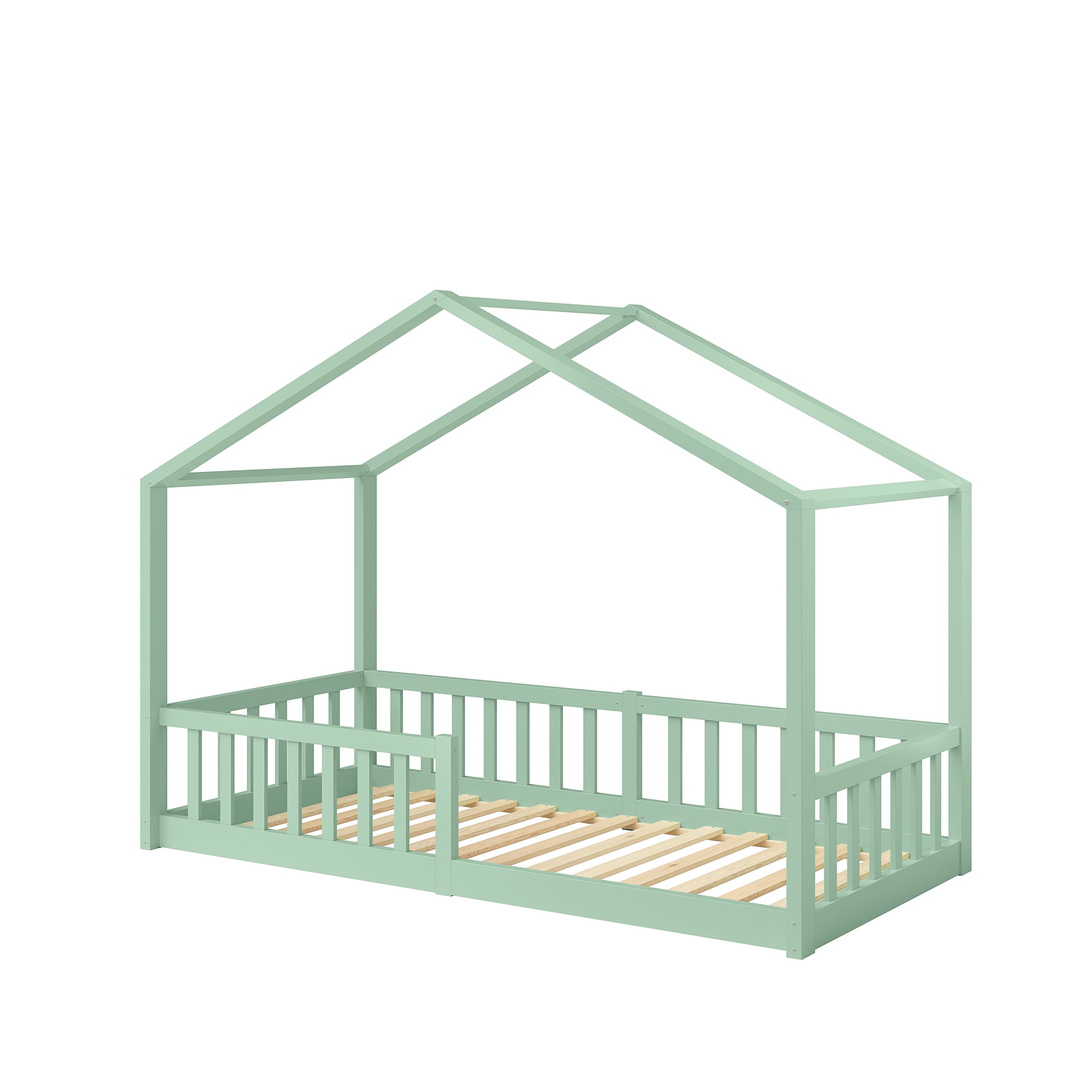 Bellabino Hausbett Kinderbett Bia mit Lattenrost (mintgrün, mit Matratze), Bodenbett mit Rausfallschutz, verfügbar in 80x160 & 90/120/140x200 cm