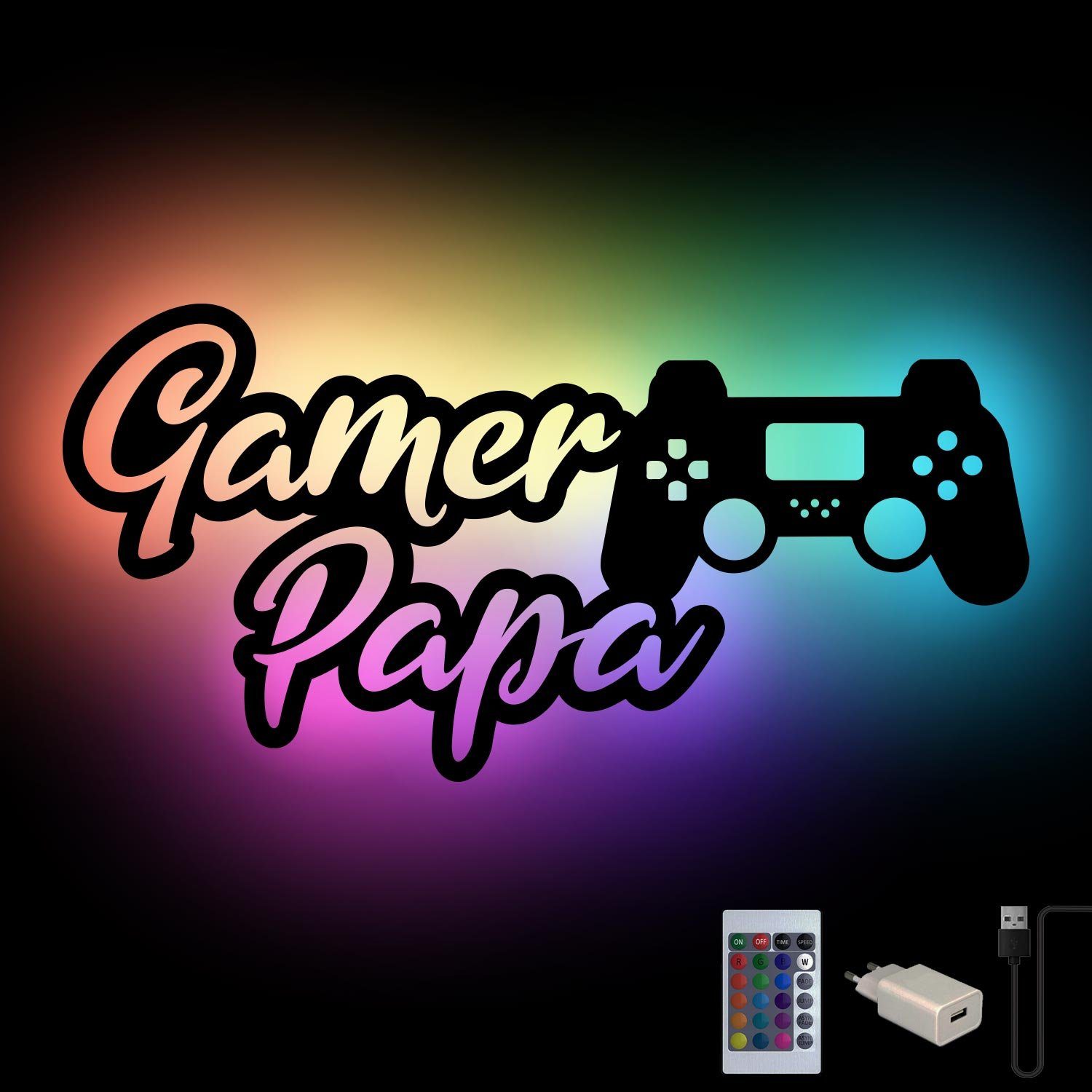 Namofactur LED Dekolicht Papa Gamer mit Fernbedienung Licht Gamer RGB USB integriert, - Farbwechsel, Wanddeko Wanddekoobjekt Leuchte Schwarz Wohnzimmer Farbwechsler, LED fest mit