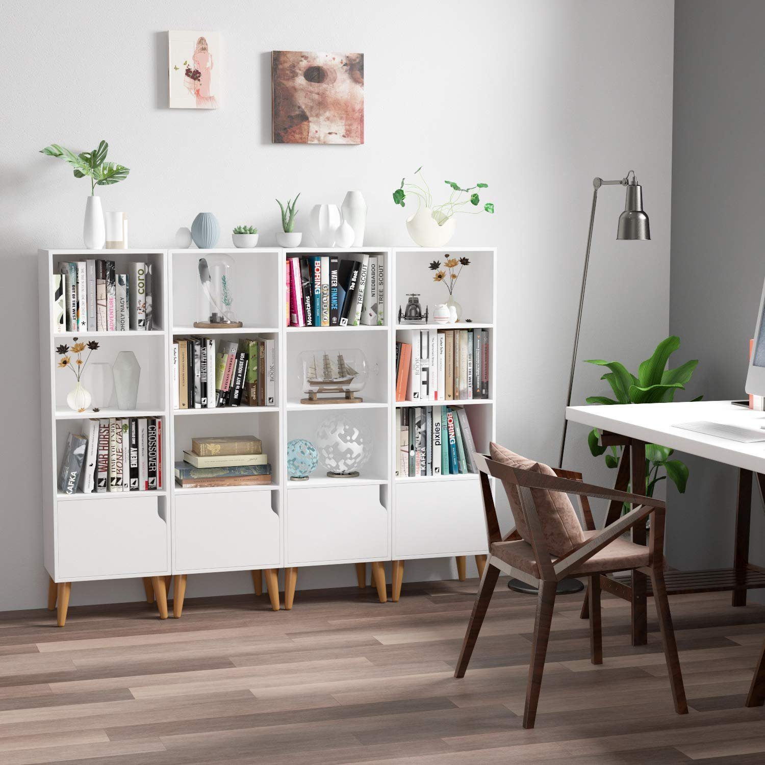 Bücherregal, Bücherschrank mit Schrank weiß Kommode Standregal Tür, Homfa