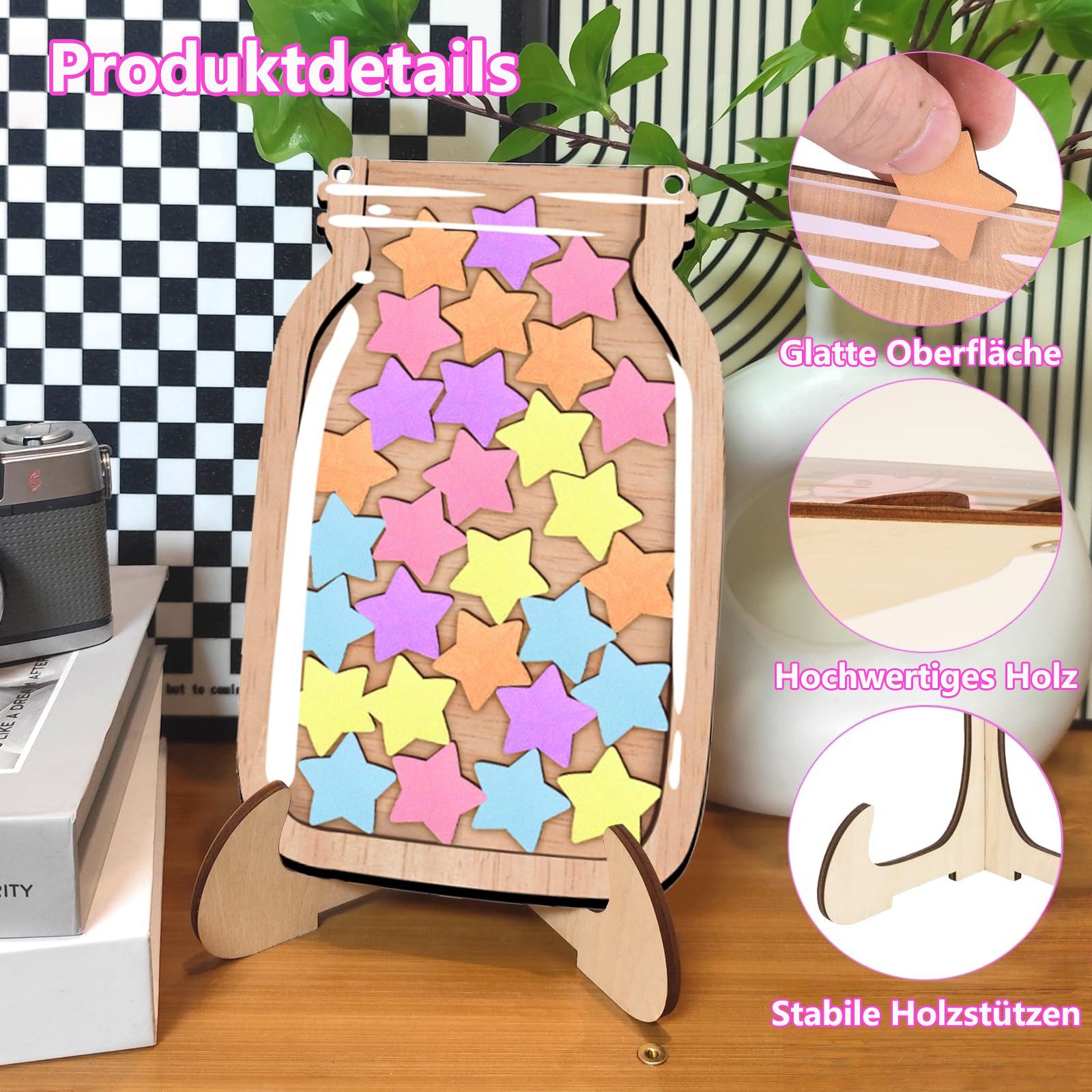 FOUORTUNATE-BEE Magnettafel Belohnungsglas Magnetisch Kinder Belohnungssystem, (Grundschule Lehrerbedarf Belohnungsglas mit Holzhalter und 30 Sterne, Belohnungs – Bild 4 von 5