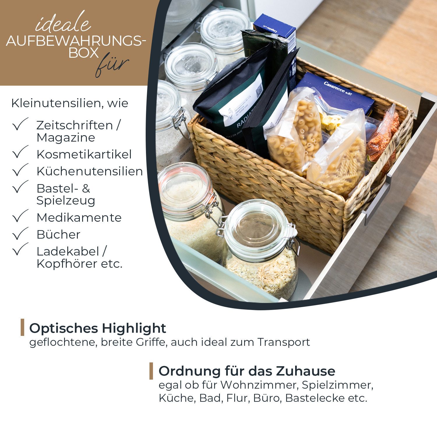 HMF Aufbewahrungskorb Aufbewahrungskorb Wasserhyazinthe, Korb mit Griffen zur Aufbewahrung (1 St), für Badezimmer Küche und Wohnbereich, Größe M, 32 x 23 x 20 cm, Natur