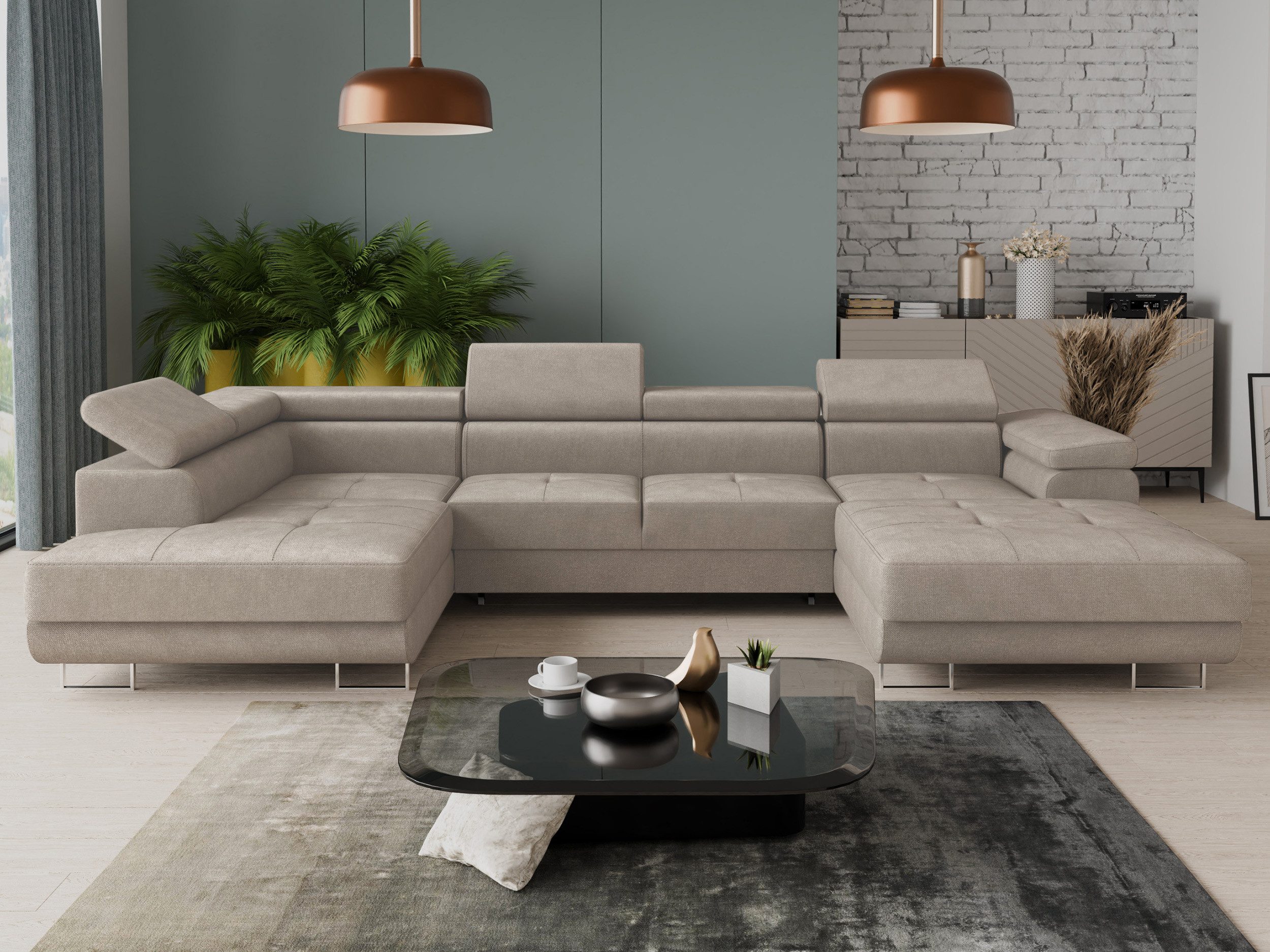 Sofnet Wohnlandschaft Caris U, mit Schlaffunktion und zwei Bettkästen, Ecksofa mit einstellbare Kopfstützen, Schlafsofa, U-form Couch