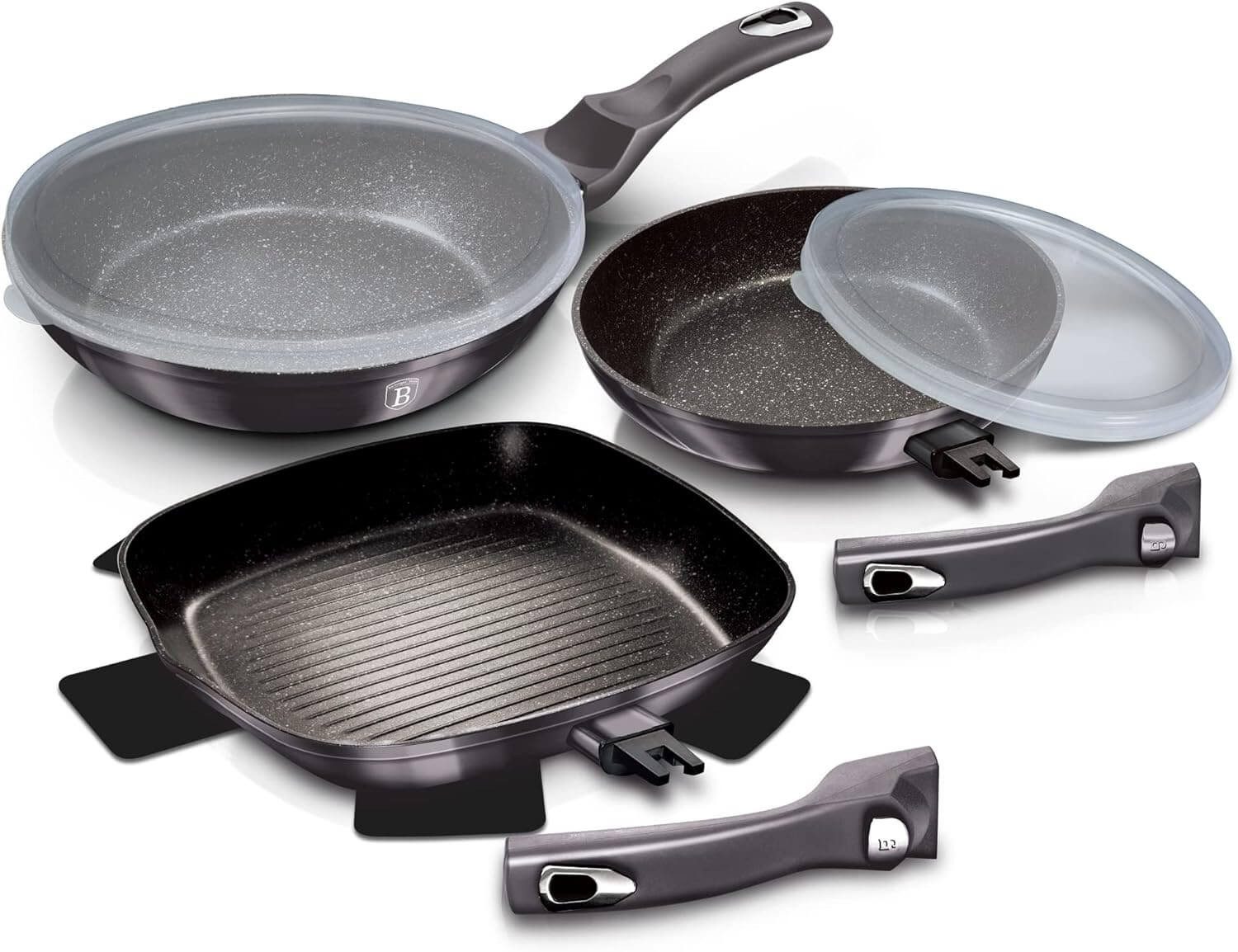 BerlingerHaus Pfannen-Set BH/7048 Pfannen-Set 5-tlg, Carbon Pro Edition, Aluminium, Aluminium (5-tlg), 5er Set Bratpfannen mit abnehmbarem Griff