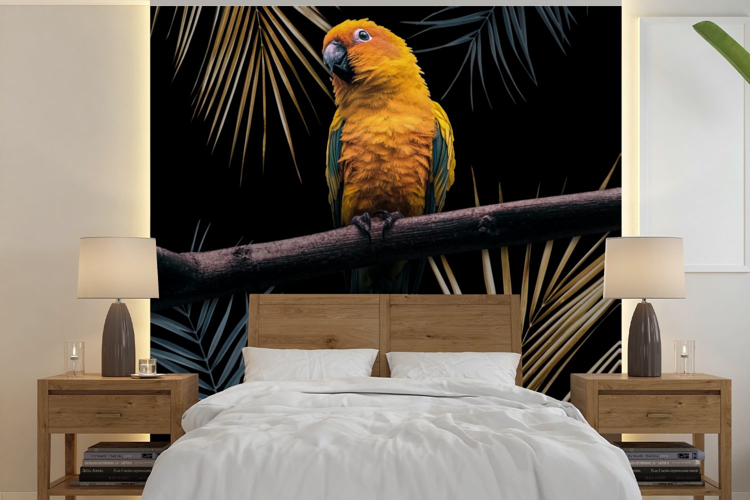 Matt, - bedruckt, Zweig Fototapete Blätter, oder St), - Vogel Vinyl für Papagei Wohnzimmer Wandtapete - Tapete (5 MuchoWow Schlafzimmer,