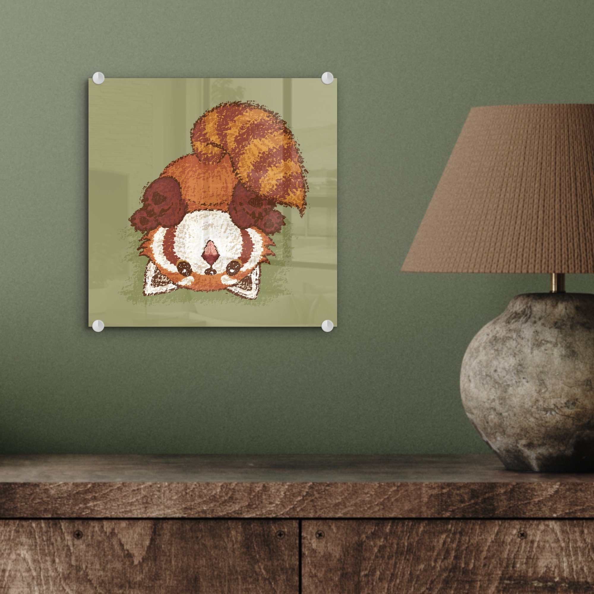 - Illustration - Wandbild Acrylglasbild St), (1 dem auf MuchoWow Bilder auf Glas Glasbilder Foto stehend, eines roten Wanddekoration Pandas Glas - auf Kopf