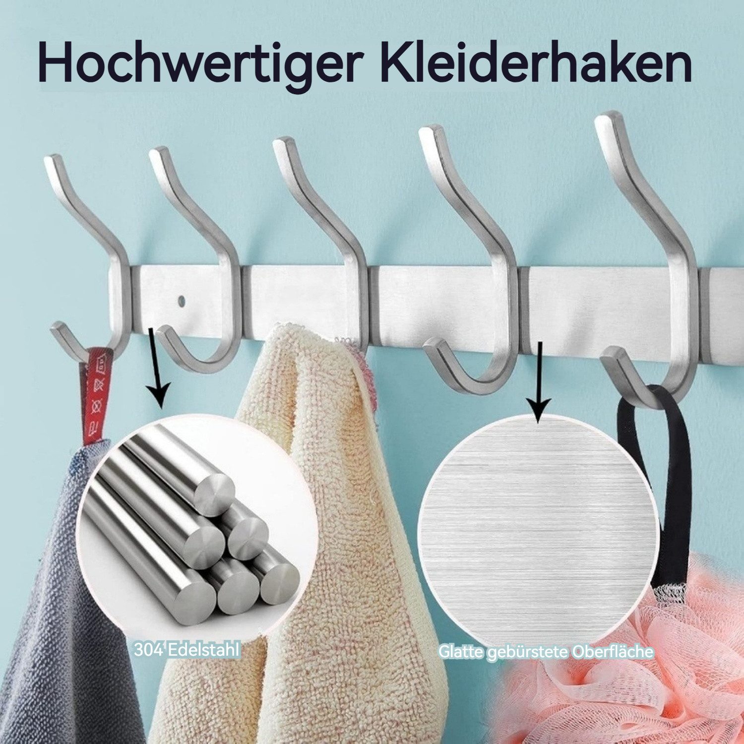 BlingBin Wandgarderobe 4/6 Haken Kleiderhaken Wand Hakenleiste Garderobenhaken 2er Set (2 Stück, 2 St., 2pcs), Handtuchhaken Wandmontage Gebürstet ca. 30kg – Bild 5 von 5