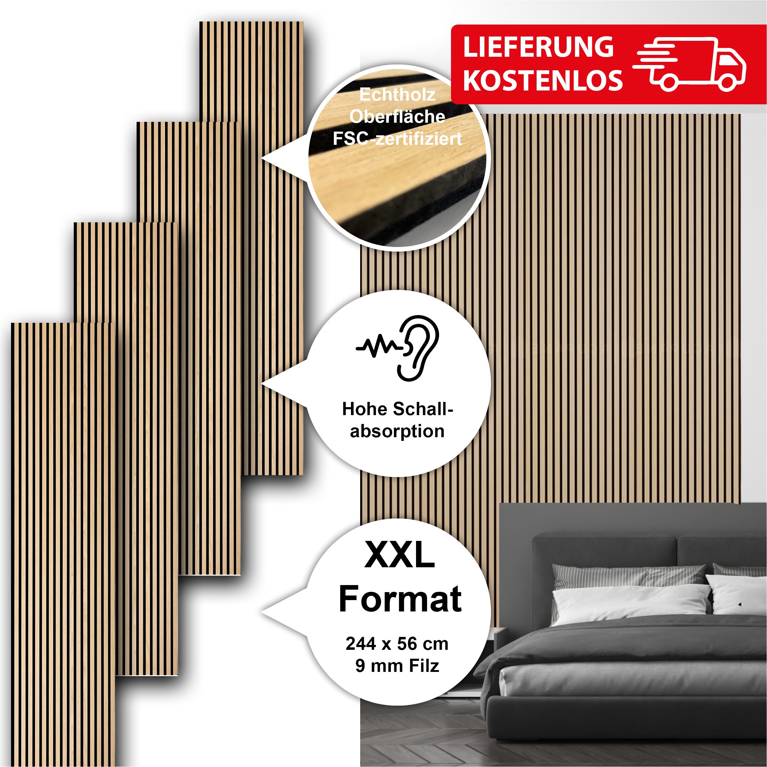 SONIDO Wandpaneel Sparset XXL Premium Akustikpaneele mit Eiche Echtholzoberfläche, BxL: 56,00x244,00 cm, 1,36 qm, (Sparset mit 2, 3 oder 4 Paneelen, 4-tlg., Ver – Bild 2 von 5