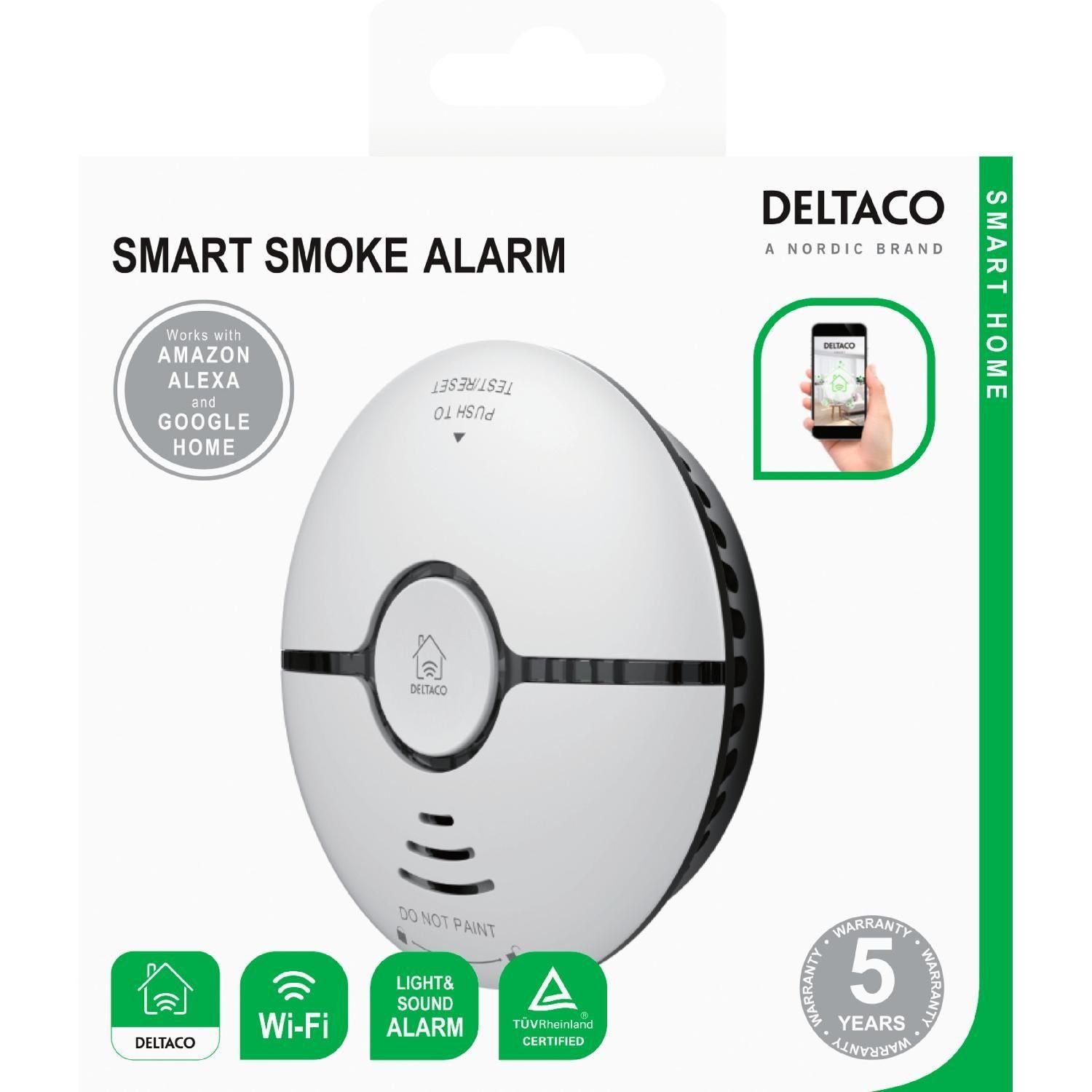 DELTACO SMART Ton-/Licht-Alarm 30m², Bewegungsmelder im Gefahrenfall App-Steuerung HOME WLAN App-Benachrichtigung Rauchmelder SH-WS03