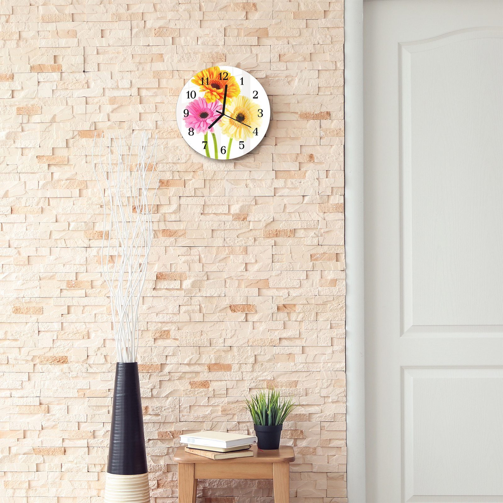 Primedeco Wanduhr Rund aus Dreierlei Durchmesser Blüten cm - und Quarzuhrwerk Wanduhr mit 30 mit Motiv Glas