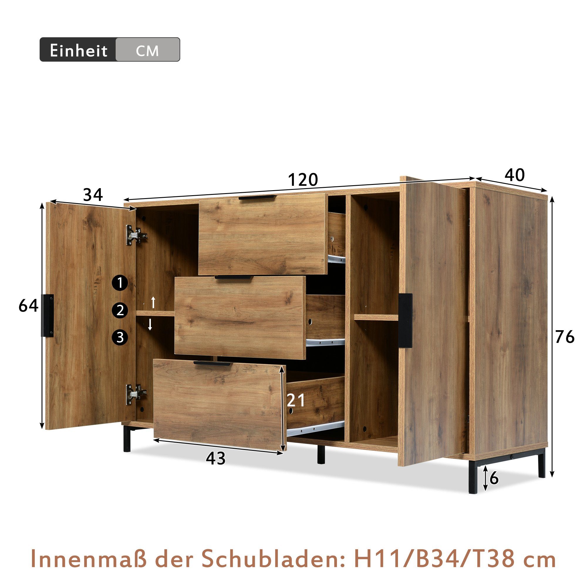REDOM Kommode Sideboard (mit & Schlafzimmer Schubladen), Ablage, Verstellbare Türen 3 und für Highboard Sideboard 2